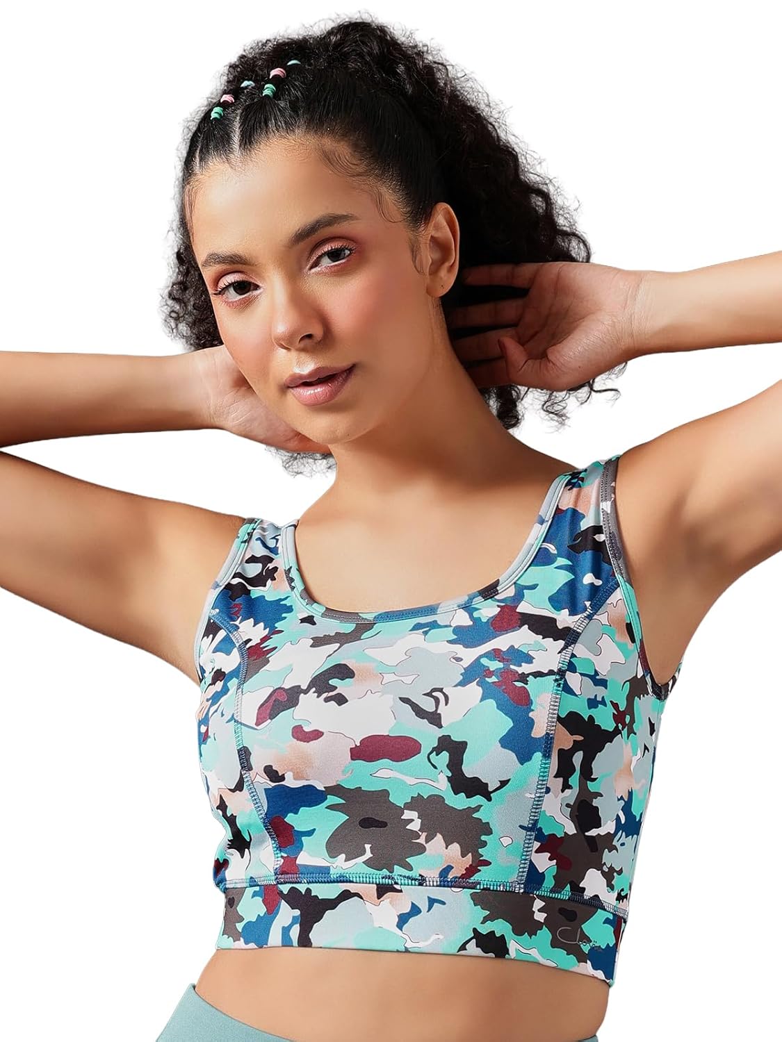Clovia Women’s Polyester Medium Impact Padded Non-Wired Camouflage Print Sports Bra