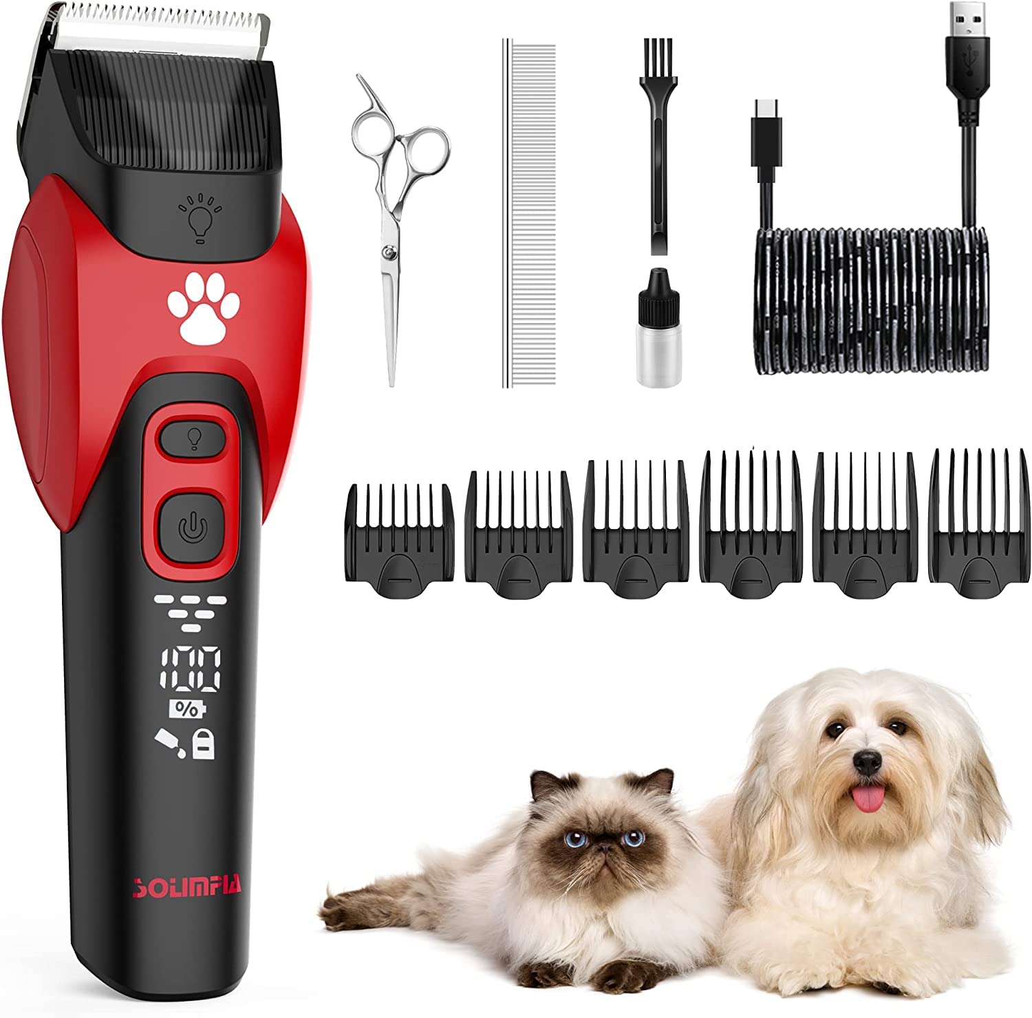 Solimpia Electric Pet Grooming Trimmer Kit – Rechargeable, Cordless, Low Noise Professional Pet Hair Trimmer Set for Dogs and Cats