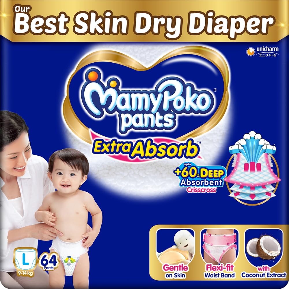 MamyPoko Pants Extra Absorb Baby Diapers, Large (L size) | 9-14 kg | 64 Count |Deep Sleep Diapers| Soft gentle fit |Deep Absorbent Crisscross | skin friendly with coconut oil | MamyPoko Pants Extra Absorb Baby Diapers, Large (L size) | 9-14 kg | 64 Count |Deep Sleep Diapers| Soft gentle fit |Deep Absorbent Crisscross | skin friendly with coconut oil |