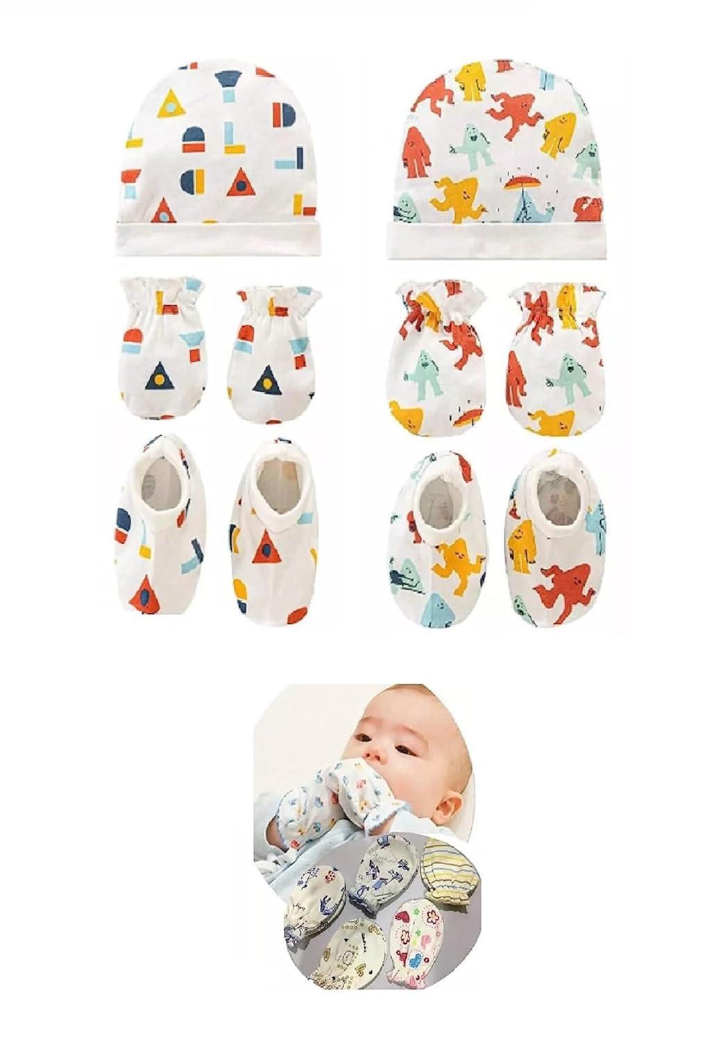 VIN® Newborn Baby Boy -Girl Pure Soft Cotton Rib Mittens Round Caps Hand Gloves Booty Pack of 2 for 0-6 Months | Useful Baby Shower Gift |Infant Newborn Baby Apron Gift Set Multi -Color