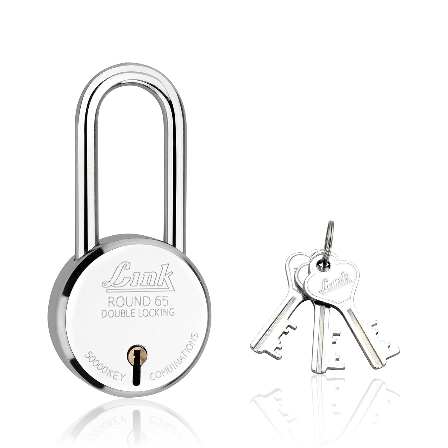 Link® 65mm New Round Padlock with Long Shackle – Stainless Steel Body, Iron Lever, Double Locking Mechanism, Includes 3 Silver Keys – Durable Security Lock for Home, Gate, and Shutter – Made in India
