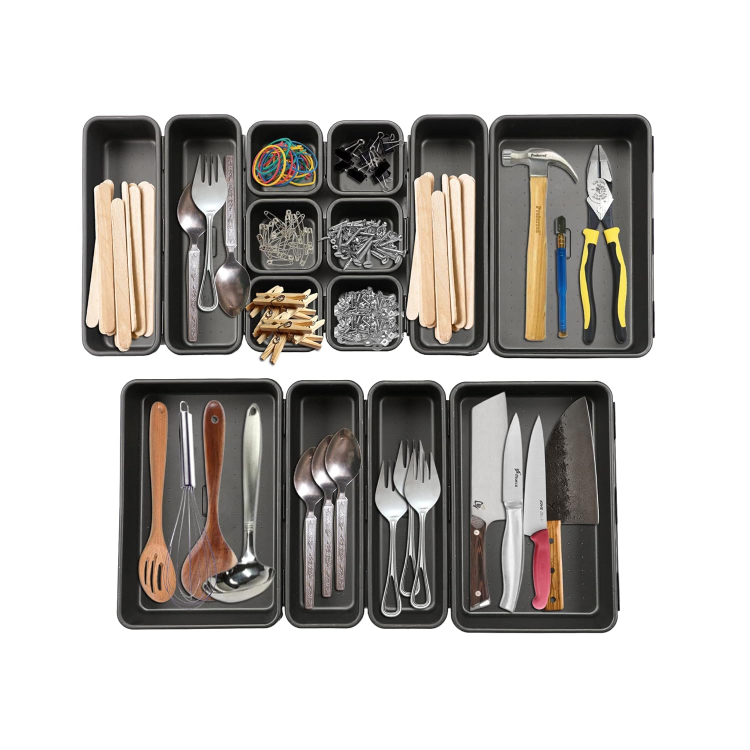 Cutting EDGE Interlocking Drawer Organizer Set of 14,Divider/Separator Plastic Trays for Flatware, Cutlery & Desk Storage for Household, Kitchen & Office (Black)