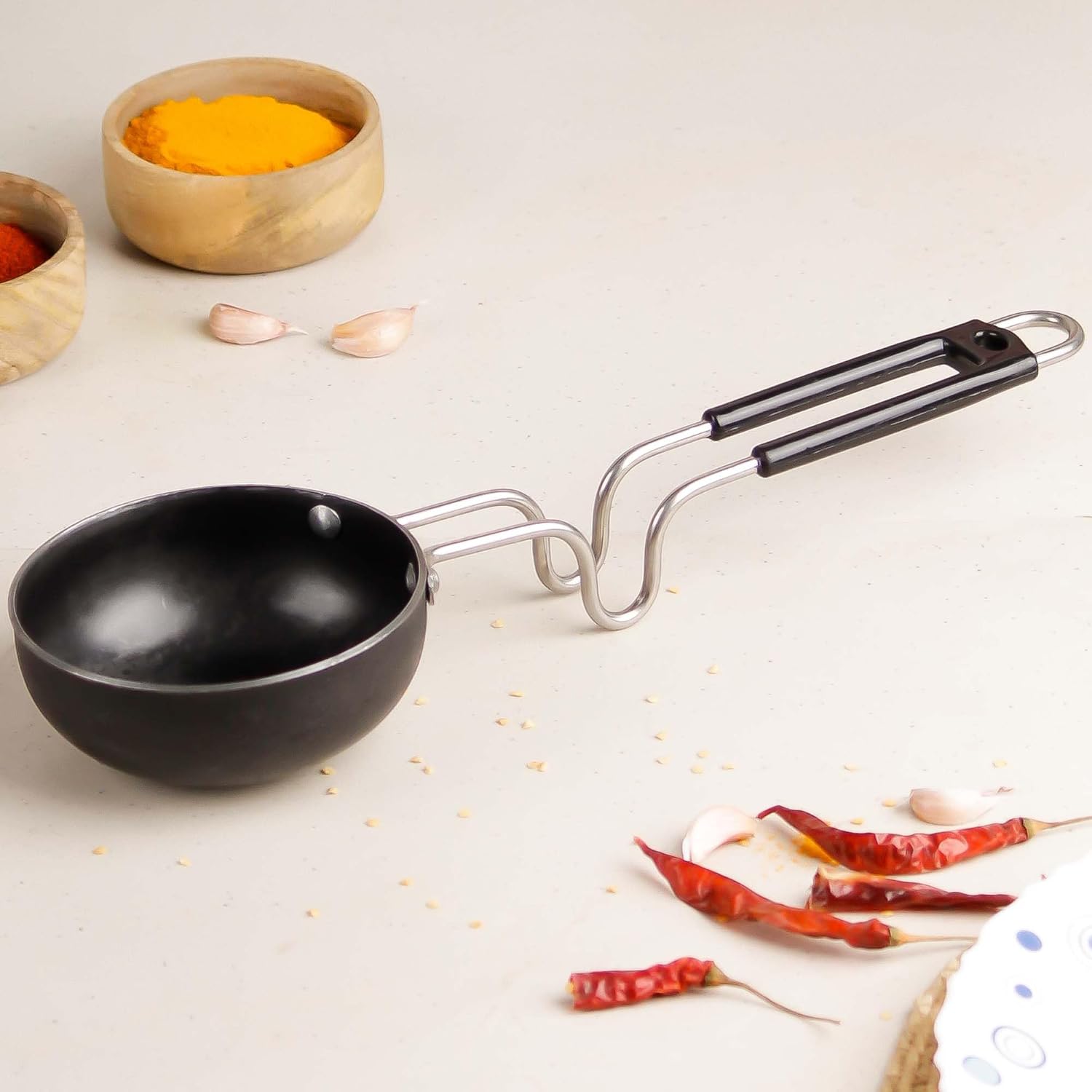 The Earth Store Ecoluxe Iron Tadka Pan with Steel Handle for Kitchen 11CM Diameter Compatible with Gas Stove | Dal Tadka Pan for Cooking | Black
