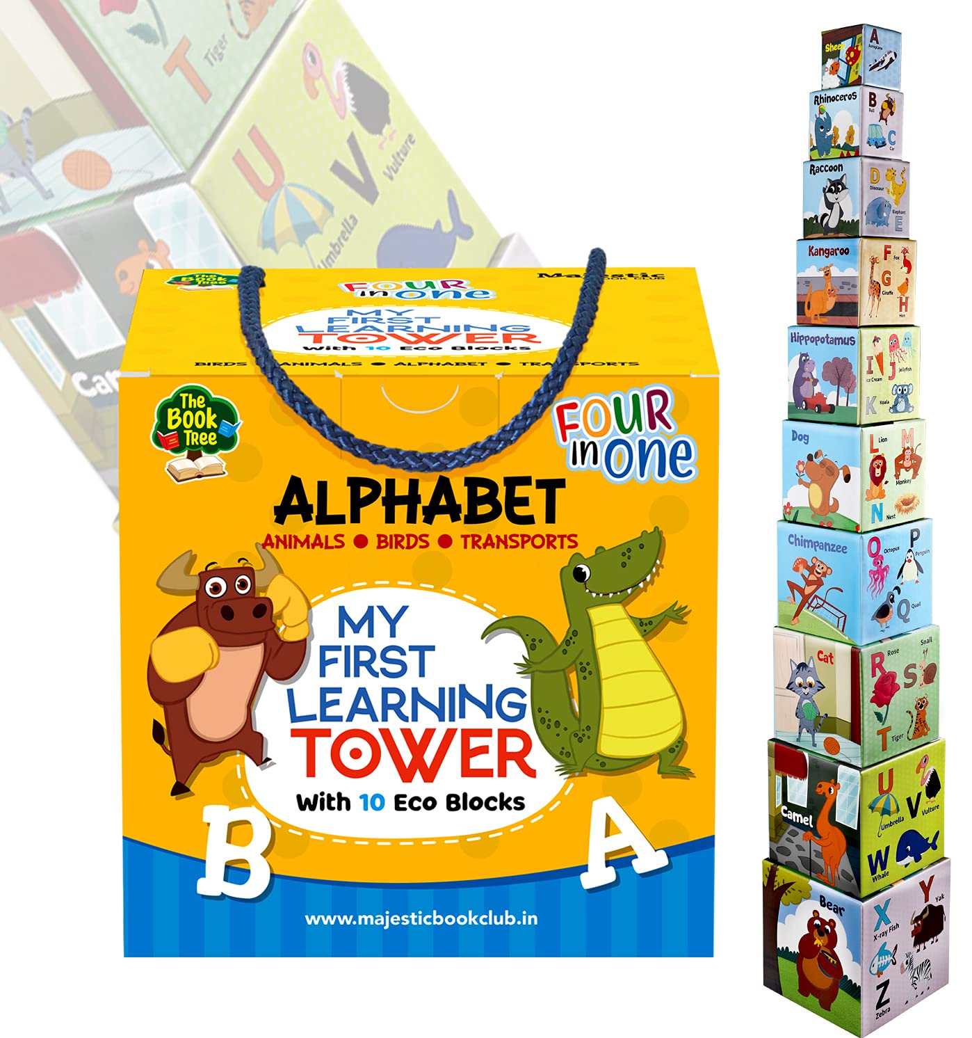 My First Learning Tower – Alphabet I 10 Durable Stacking & Nesting Blocks + 1 Board Book for Early Learning I 4-in-1 Fun and Educational Toy for Toddlers Age 2+ I Montessori Toys By Majestic Book Club
