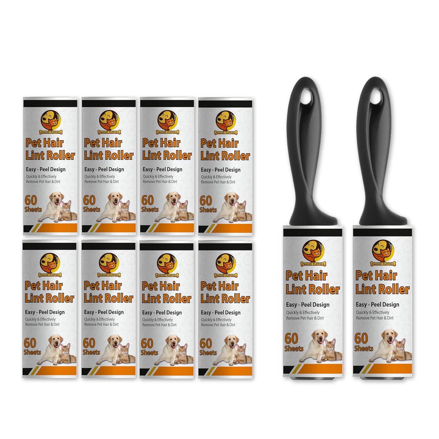 Foodie Puppies Pet Hair Remover 2 Lint Roller with Handle and 8 Refills (600 Sheets), Hair Remover for Dogs and Cats, Ideal for Clothes, Furniture, Coats, Car Seats, Carpets, Fabric, and Dust Cleaning