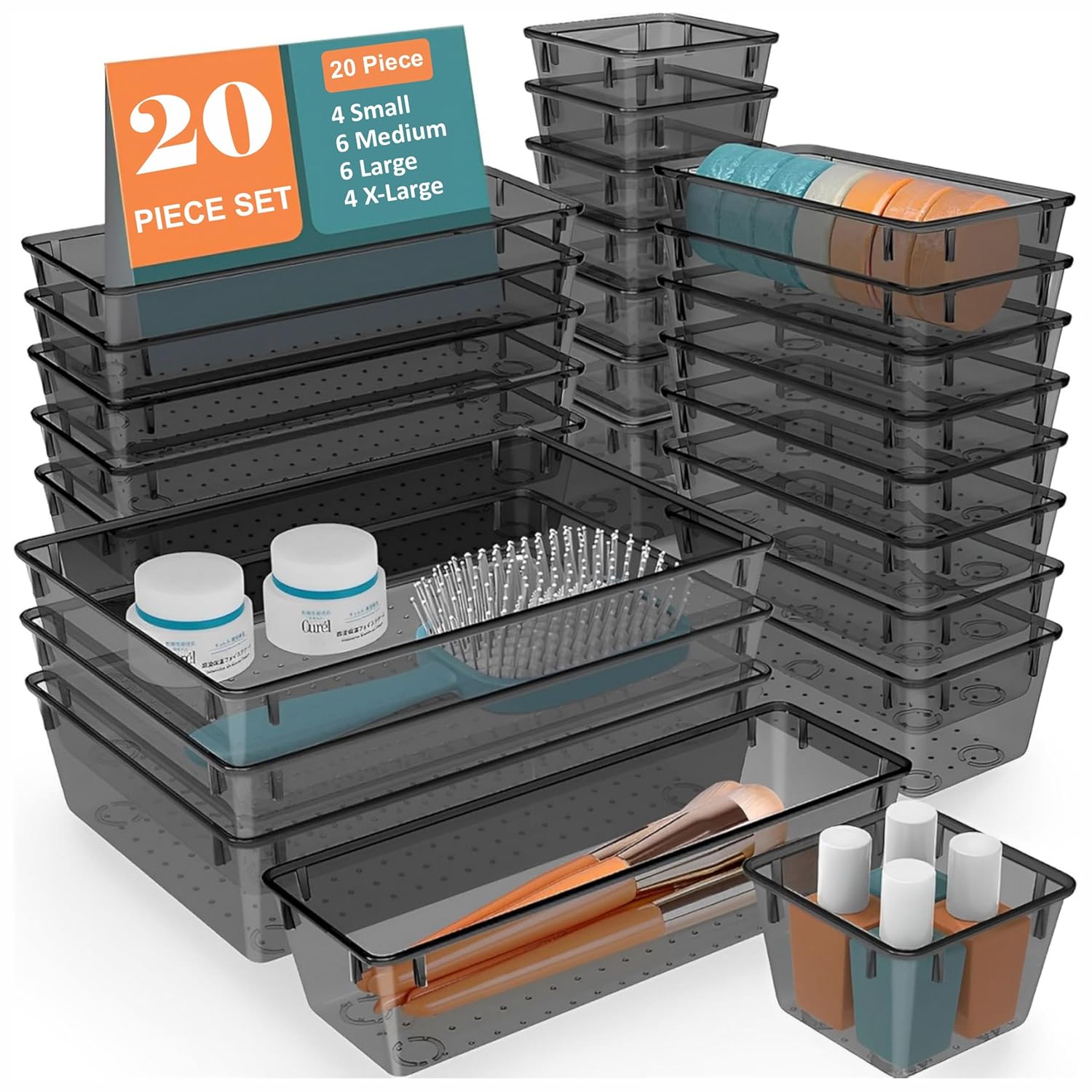 JD FRESH Polypropylene Set of 20 Drawer Organiser/Unbreakable Drawer Organizers/Dressing Table Organizer/Multi-Purpose Storage Boxes/Drawer Divider Tray for Kitchen/Bedroom/Office – (Black)