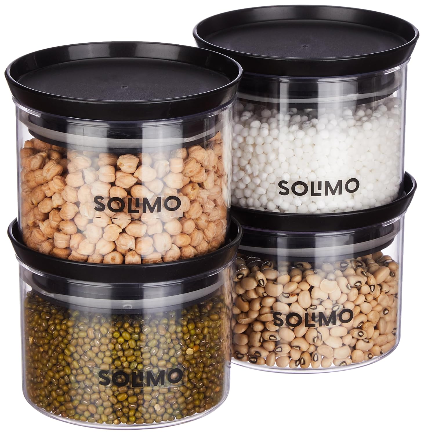 Amazon Brand – Solimo Plastic Storage Jar and Container Set I Air Tight & BPA Free Containers for Kitchen Storage Set I Grocery Kitchen Container Set I Multipurpose Jar, 500 Ml Each, Set 4, Black