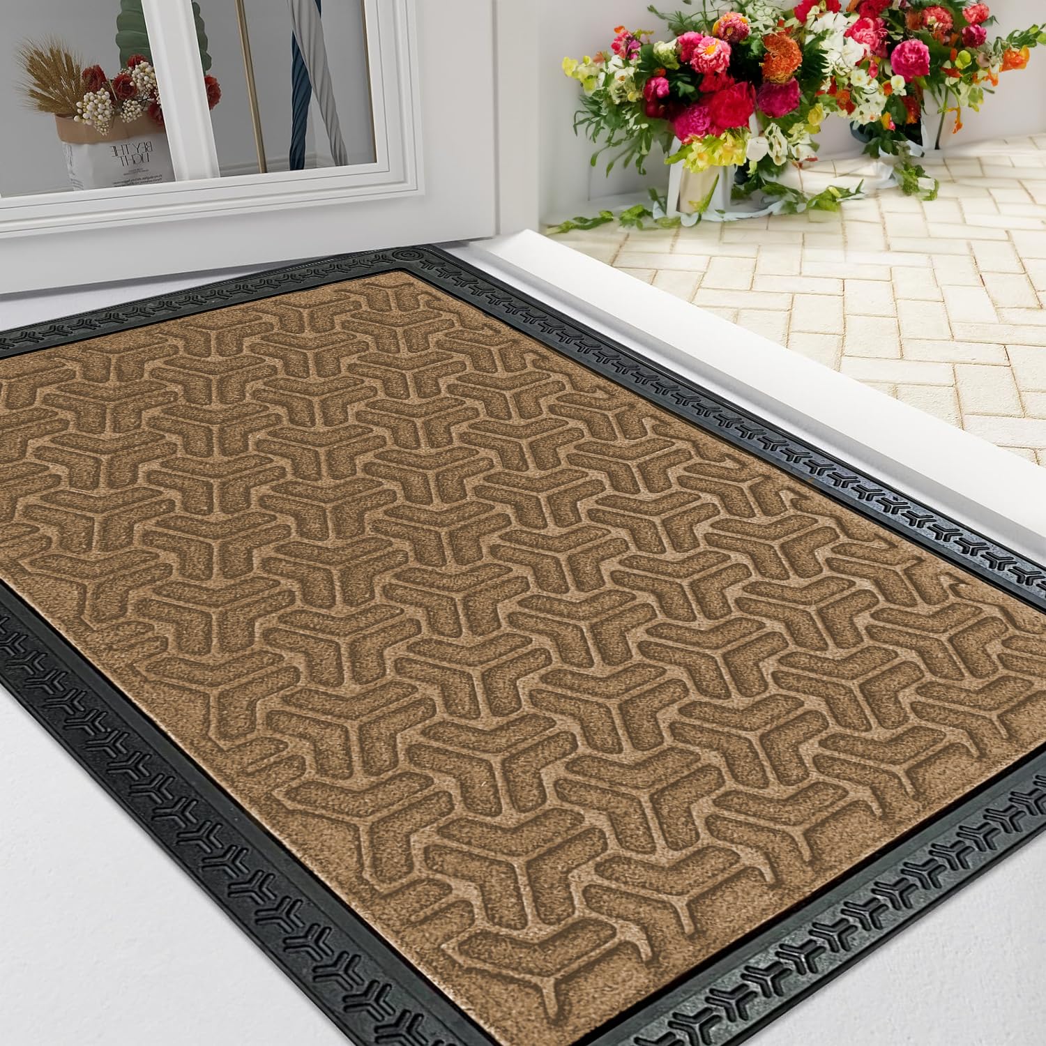ishro home Premium Door Mat for Home Entrance,Waterproof All-Season, All-Weather Doormat, Sturdy Natural Rubber, Fade Resistant, Low Profile, Easy Clean, Heavy Duty (60X40 cm) (Beige) Rectangular