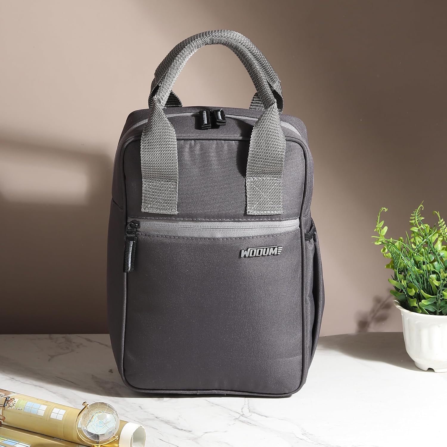 Wooum Insulated Lunch Bag for Office & Travel – Thermal Tiffin Bag with Front Zipper Pocket, Bottle Holder & Strong Handle – Water-Resistant PVC Fabric – Keeps Food Fresh