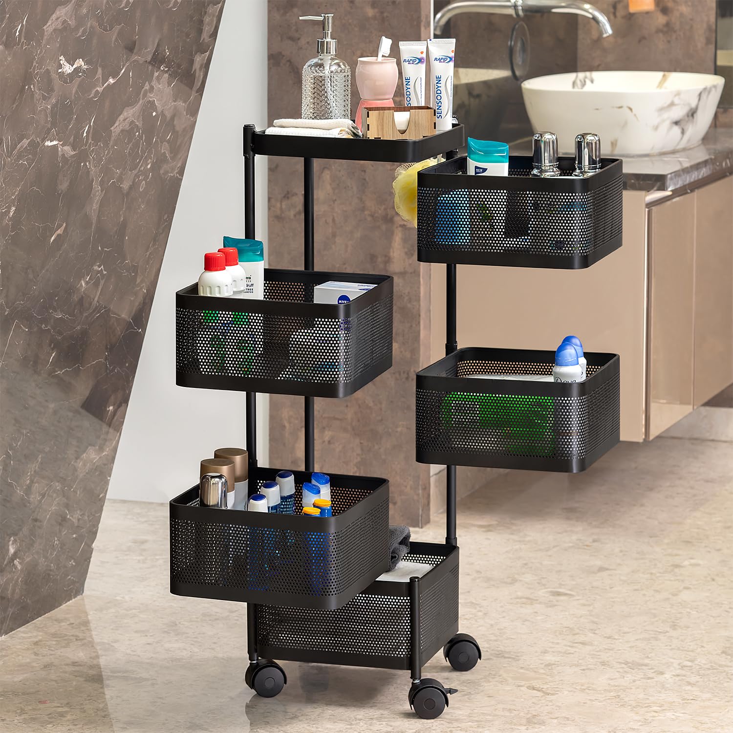 Kitchenwell Metal Multi-Purpose Trolley Storage Organizer and Kitchen Accessories Items for Kitchen Storage Rack Square Design Fruits & Vegetable Onion Cutlery (Matt Black, 5 Layer Drawer)