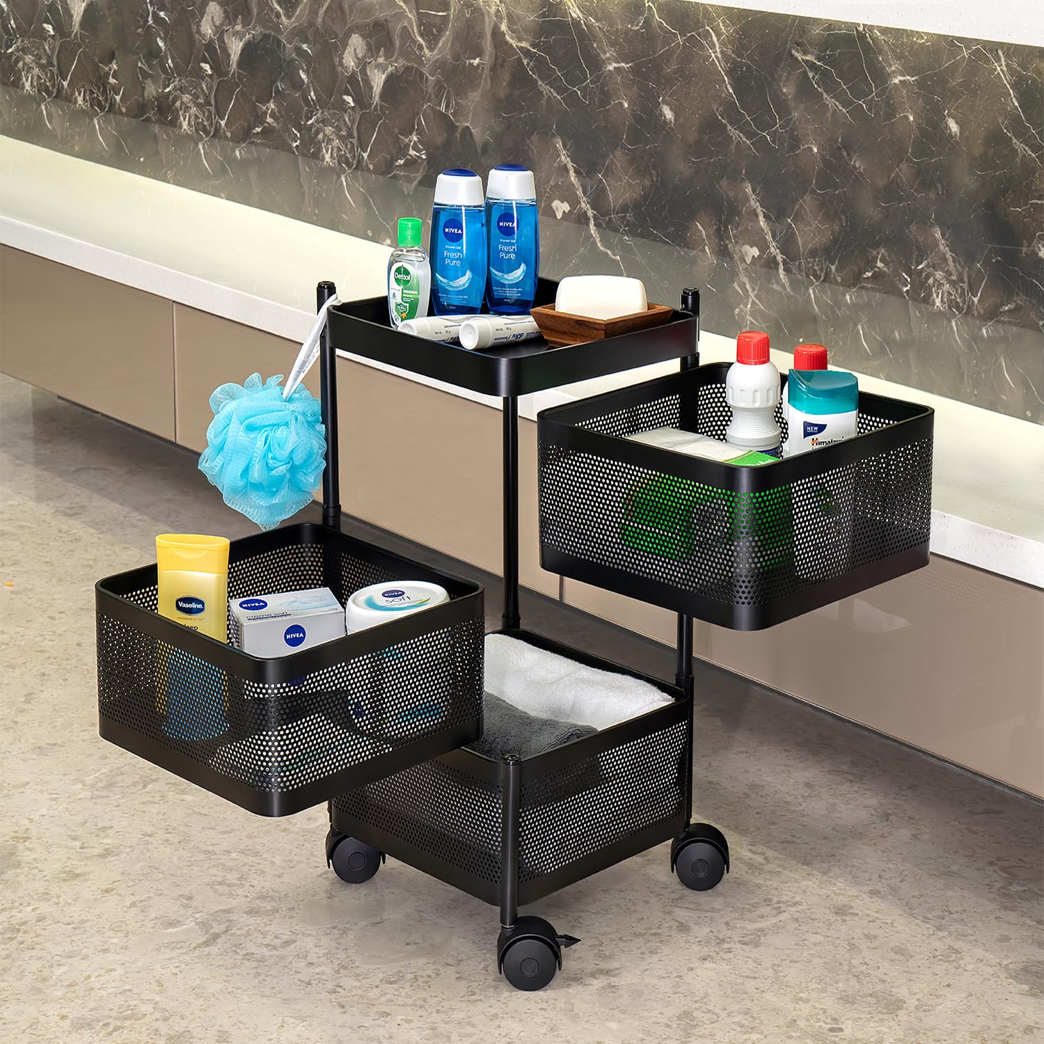 Kitchenwell Metal Multi-Purpose Trolley Storage Organizer and Kitchen Accessories Items for Kitchen Storage Rack Square Design Fruits & Vegetable Onion Cutlery (Matt Black, 3 Layer Drawer)