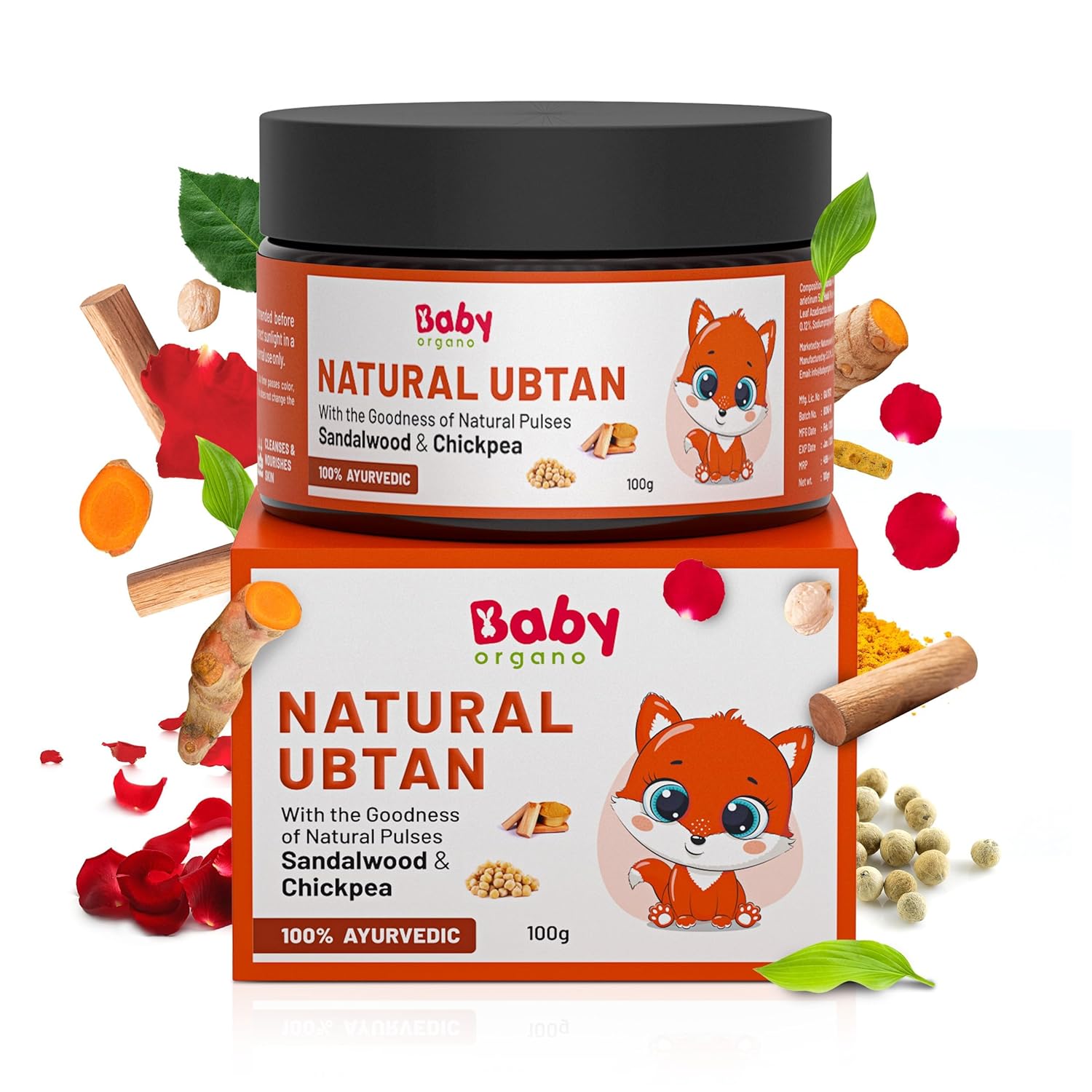 BabyOrgano Natural Ubtan for Skin Tan Removal – 100% Ayurvedic Bath Powder for Babies, Kids & Women – With Green Gram, Sandalwood, Turmeric – Glowing, Soft Skin – Chemical Free – FDCA Approved – 100g