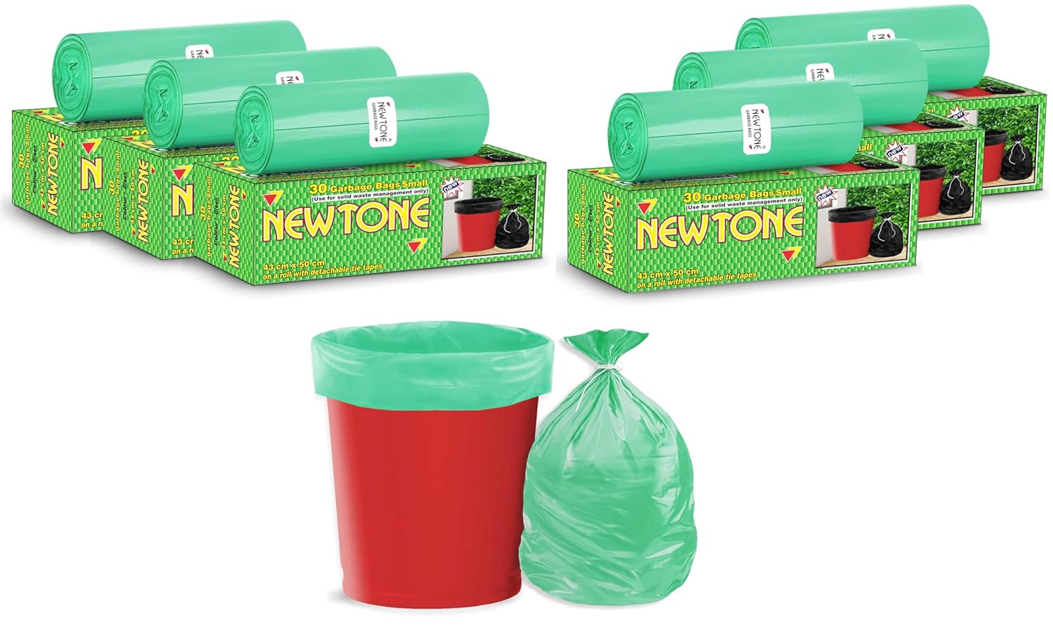 Newtone Garbage Bags | Small 17 X 19 Inches | 180 Bags (30 Bags X 6 Rolls) | Dustbin/Trash bin | Box Packing | (Green) – Perforated Box for Easy Dispensing
