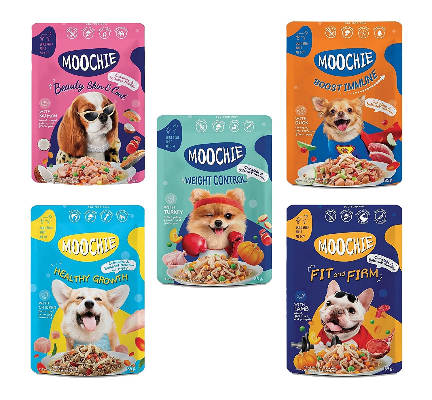 PETS EMPIRE Moochie Wet Dog Food Combo (85g X 5) Grain Free Gavy Meal, No Artificial Flavours, High Protein Dogs Gravy Foods, Non-Vegetarian Pet Meals, All Flavour Mix for Dogs, Puppy