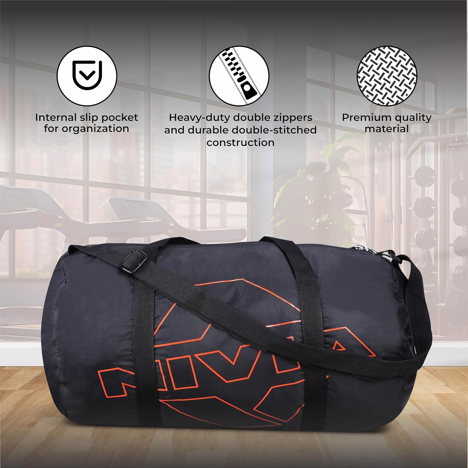 Nivia Enfold 2.0 Duffle Polyester Gym Bags, Adjustable Shoulder Bag for Men, Unisex Sports Carry Bag, 18L Quick Access Pocket, Black – Orange (Black-Orange),Capacity-18 litres
