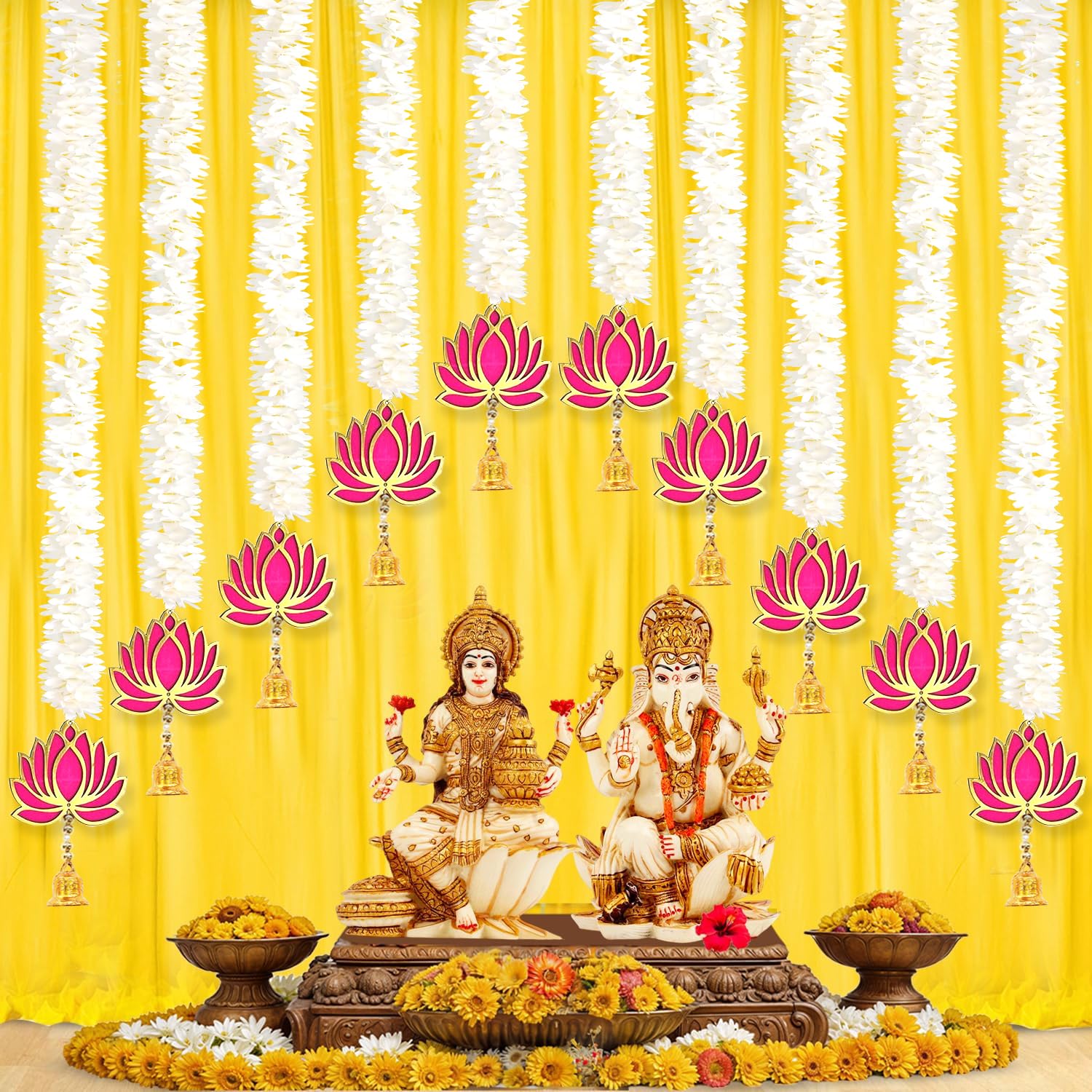 BENAVJI Presents Handmade Artificial Jasmin Mogra Garland String with MDF Lotus in Bell Style for Home Deocr Diwali Decoration Size 60 CM Length Pack of 10