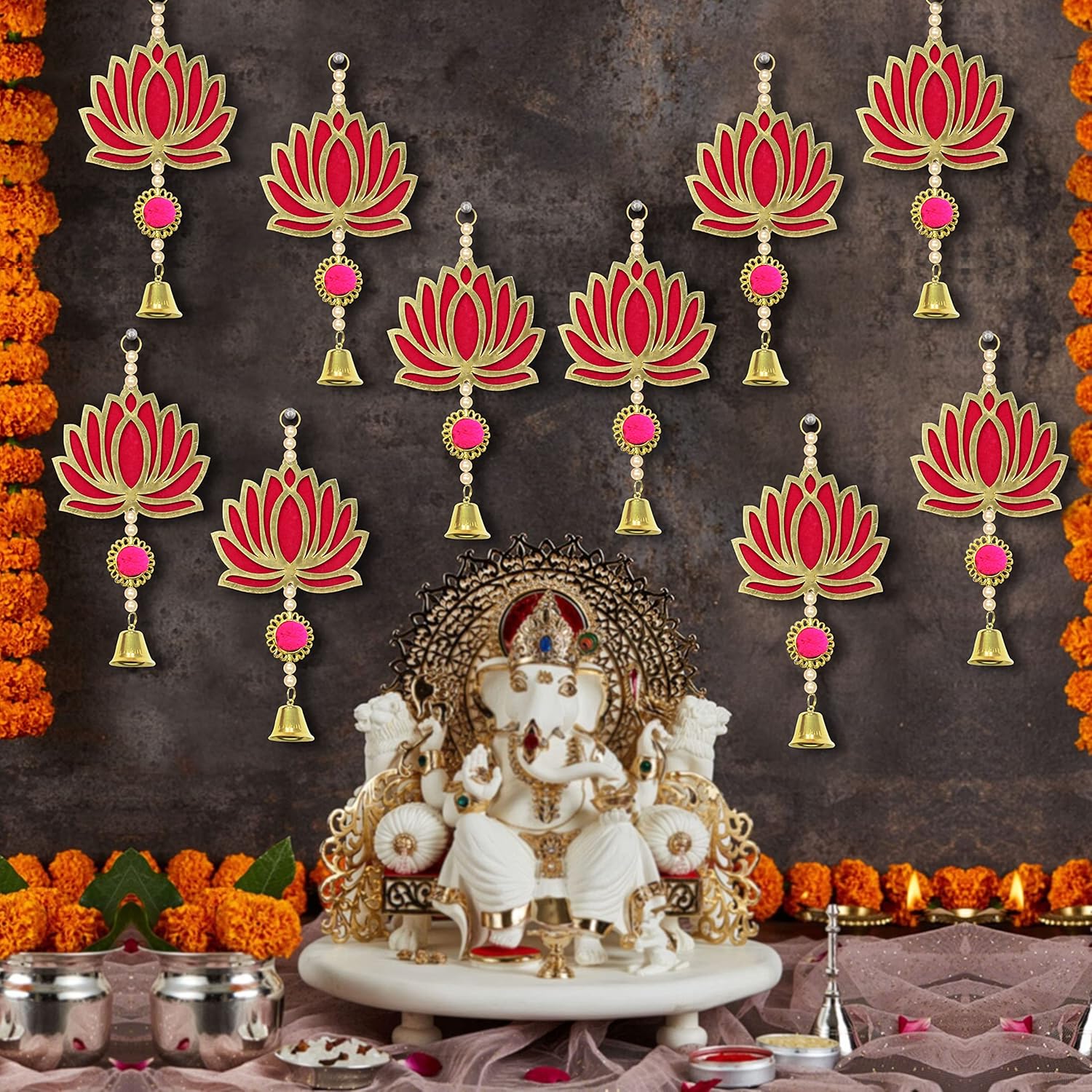 TIED RIBBONS Pack of 10 Wall Door Hanging Lotus Latkan Toran with Bells (22.8 cm x 9.6 cm) – Main Door Entrance Pooja Room Temple Wedding Festival – Decoration Items for Home Décor