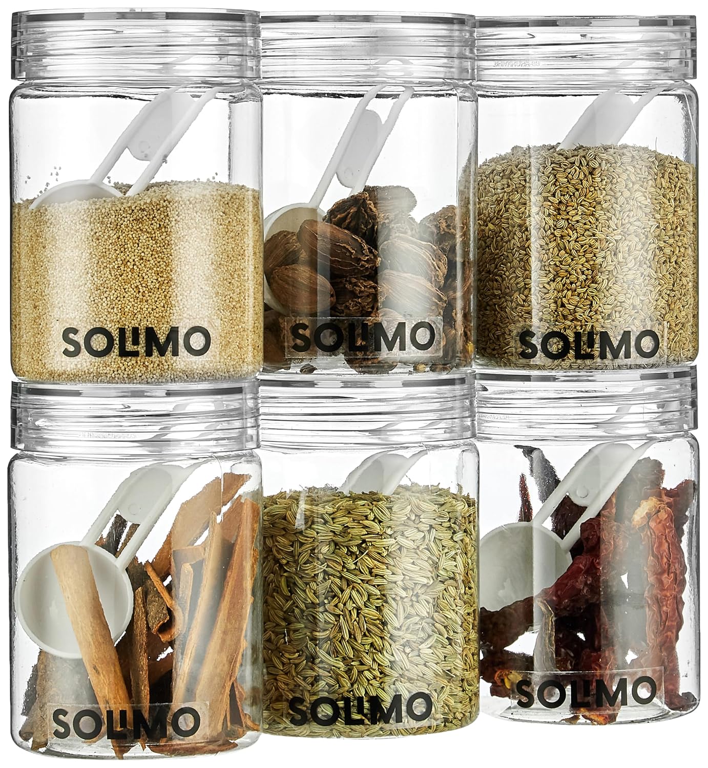 Amazon Brand – Solimo Plastic Storage Jar & Containers Set With Spoon | Air Tight & BPA Free | Kitchen Container Set | Multipurpose Jar | 300 ML Set 6 (Transparent)