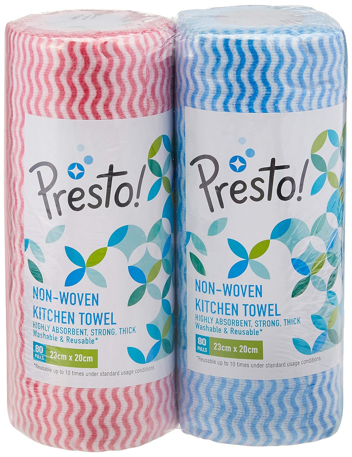 Amazon Brand – Presto! Non-Woven Kitchen Towel Roll | 160 Pulls | Blue & Red Kitchen Cloth | 80 Pulls X 2 Rolls | Food Safe | Lint-free and Residue-Free | Washable and Reusable | Highly Absorbent