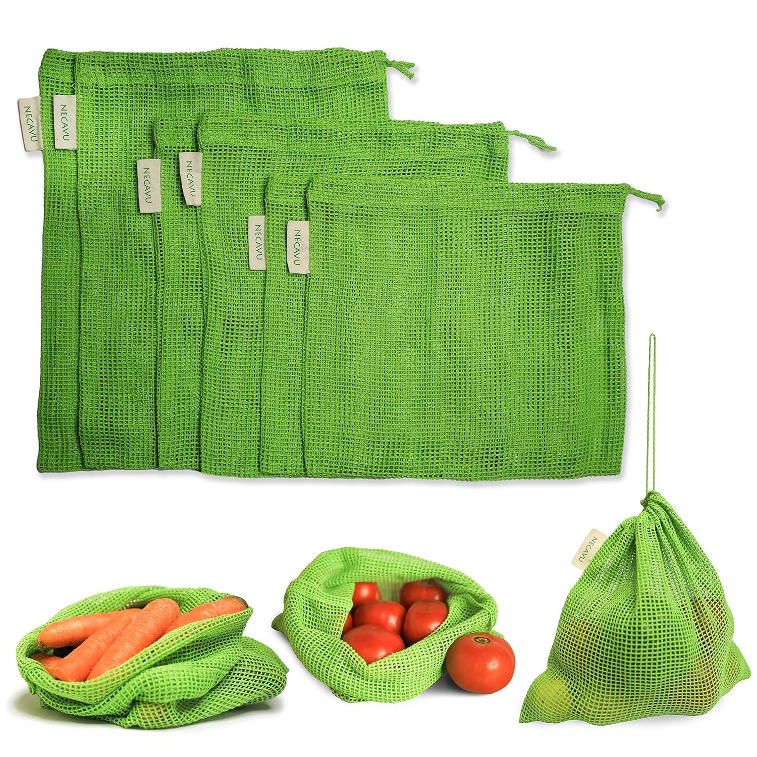 100% Cotton Set of 6 Fridge Drawstring Bags | Eco-Friendly Natural Vegetables Storage Mesh Net for Fridge | Multi-Purpose Cotton Mesh Bag (Neem Green)