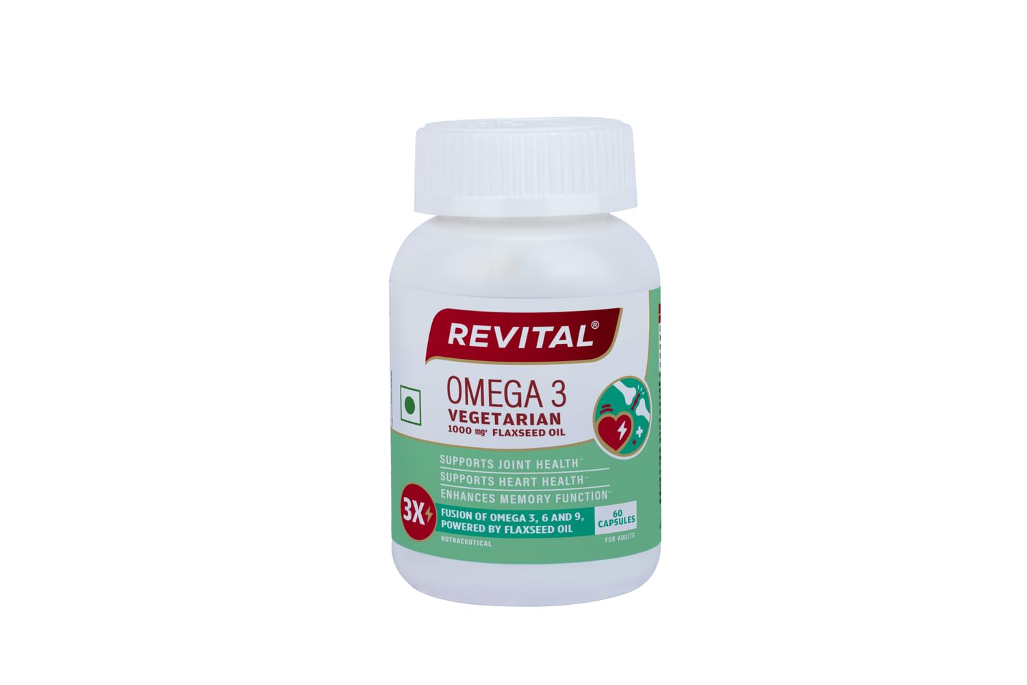 Revital Omega 3 Vegetarian 1000mg Flaxseed Oil |Supports joint health, heart health and enhances memory function | Fusion on Omega 3,6 and 9 |Plant-Powered| 60 capsules