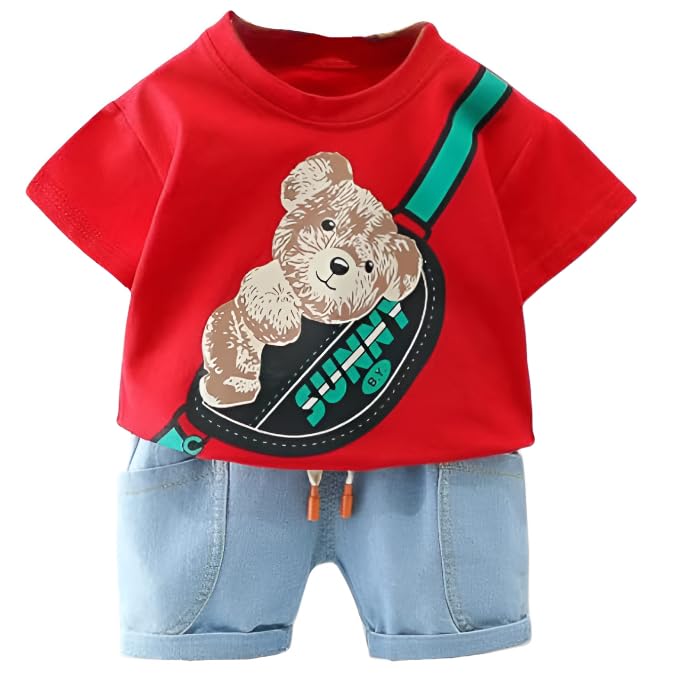 Googo Gaaga Boy’s Cotton Printed T-shirt with Denim Shorts Set in Red Color