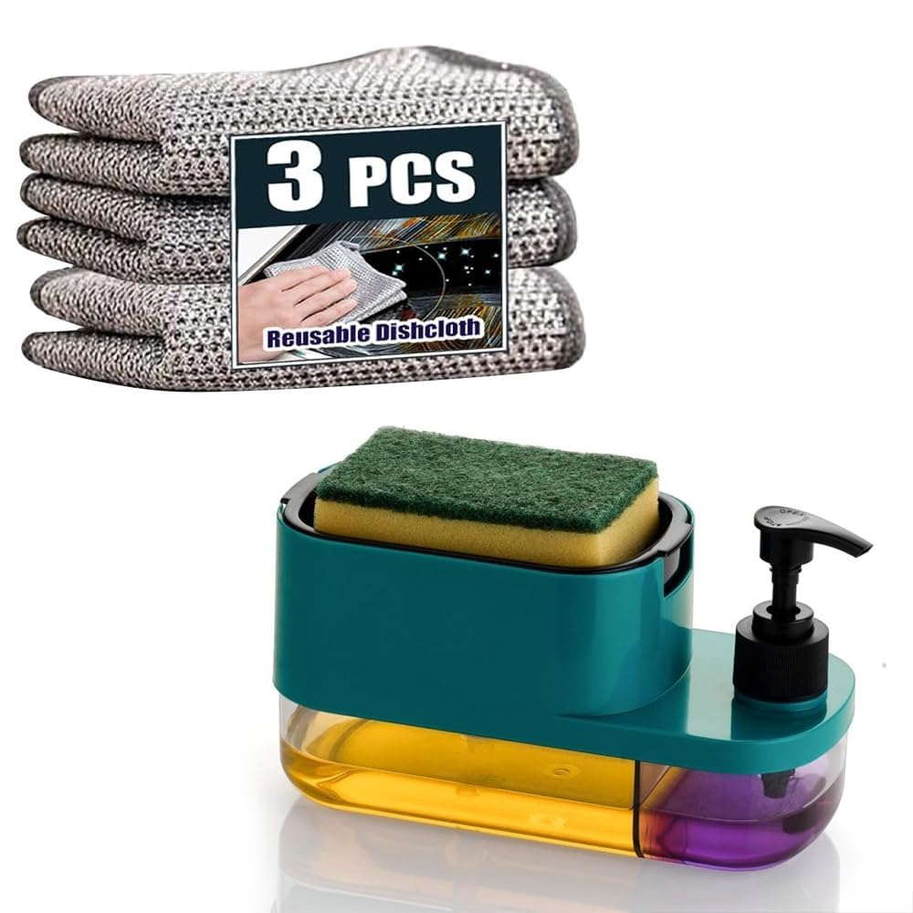 VYOOx Kitchen Soap Dispenser with Sponge Holder+3 Pice Dish Cloth,2-Chamber Design, Pump Bottle for Dish Soap, Teal (Multi Colour)