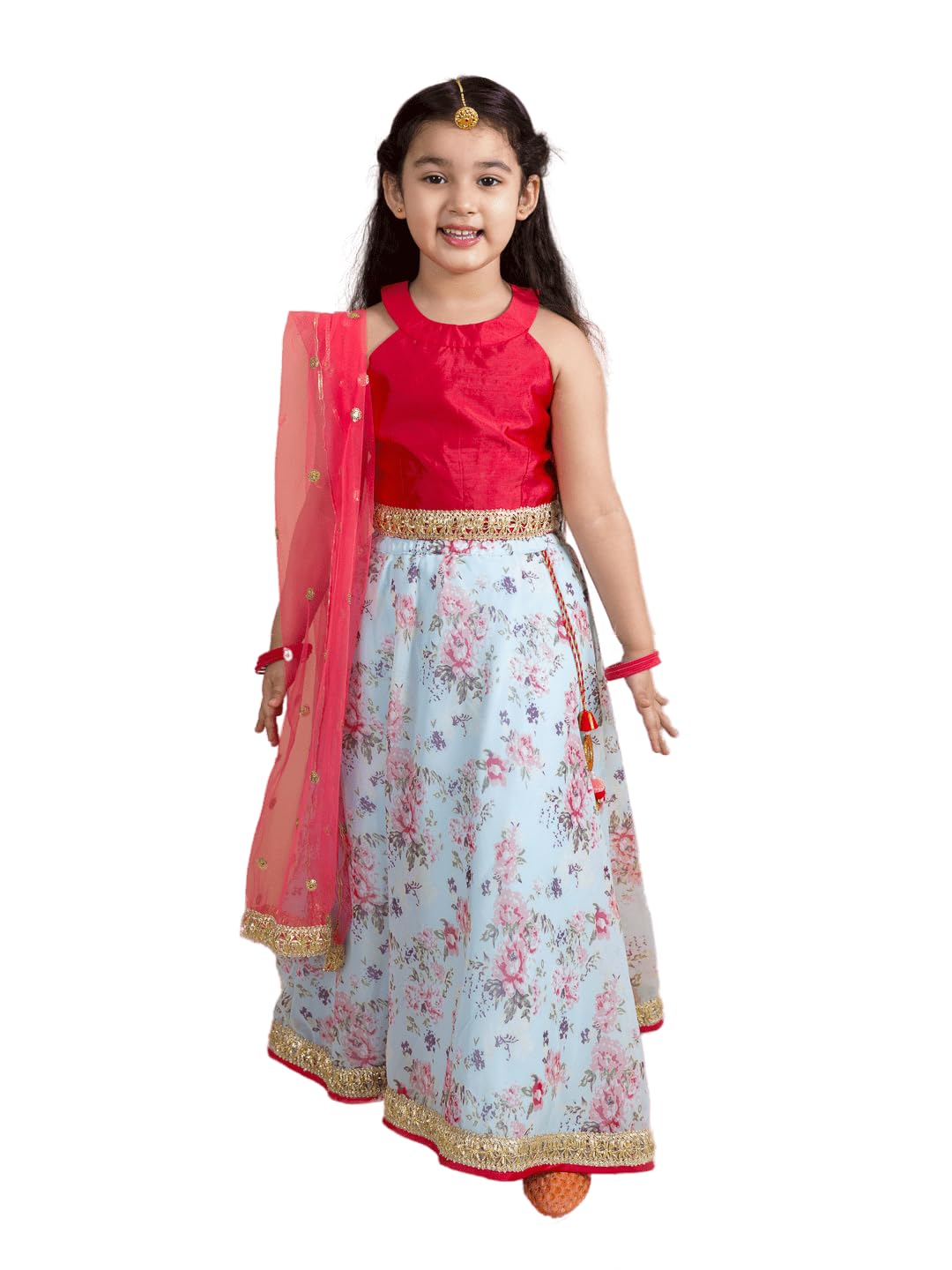 Pspeaches Girls Polyester Red Blue Floral Readymade Lehenga Choli Set