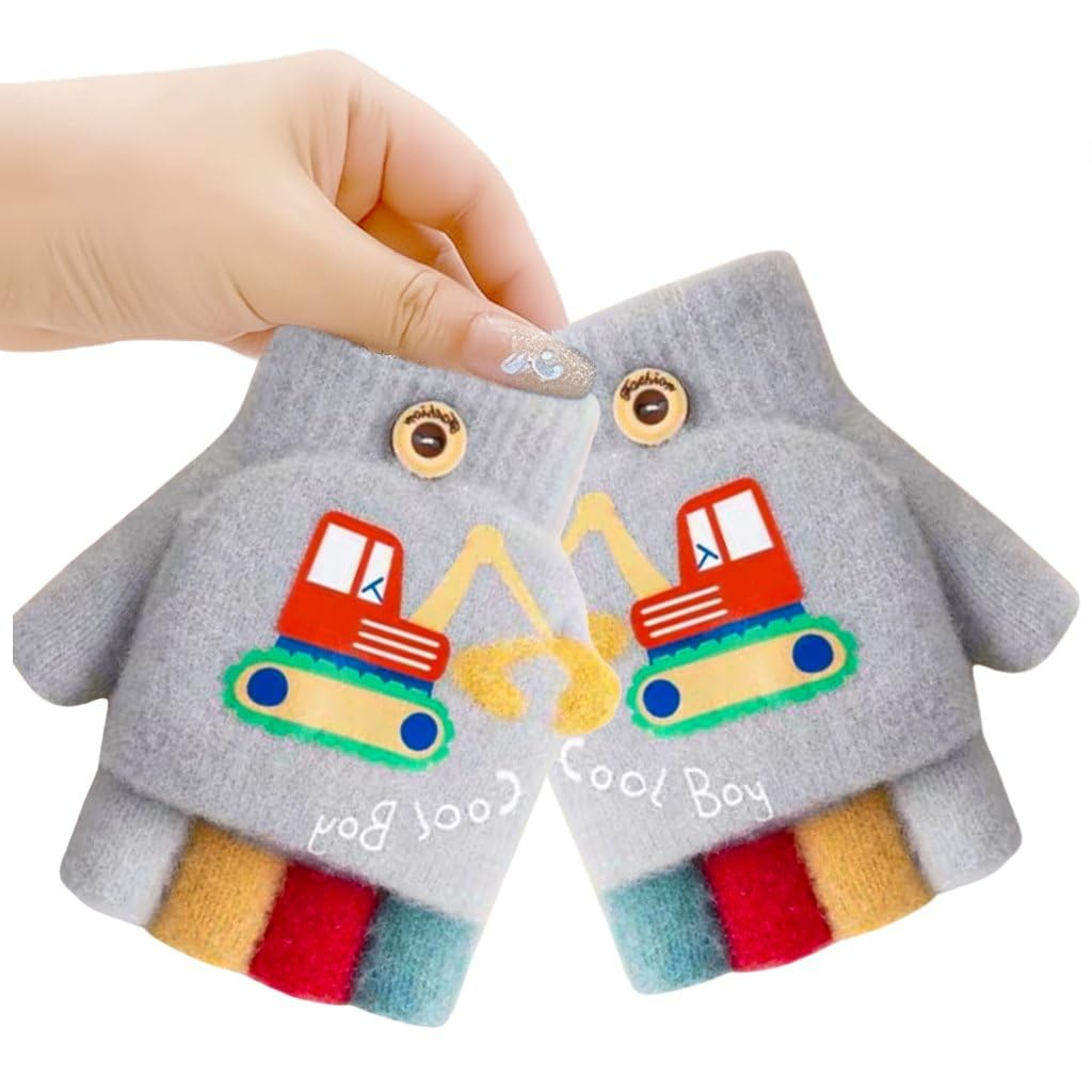 Baby Wool Soft Gloves | Mini Buldozor Design 2-in-1 Convertible Full & Half Finger Mittens | Warm, Windproof & Winter Gloves for Kids 4-9 Years, Ideal for Christmas & Birthday