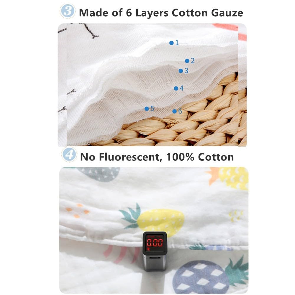 Little Boo Muslin 6 Layer Cotton Face Towels for Newborn Baby Extra Soft Hankies Reusable Napkins for Infants Toddlers/Kids (Pack of 5) White Printed.