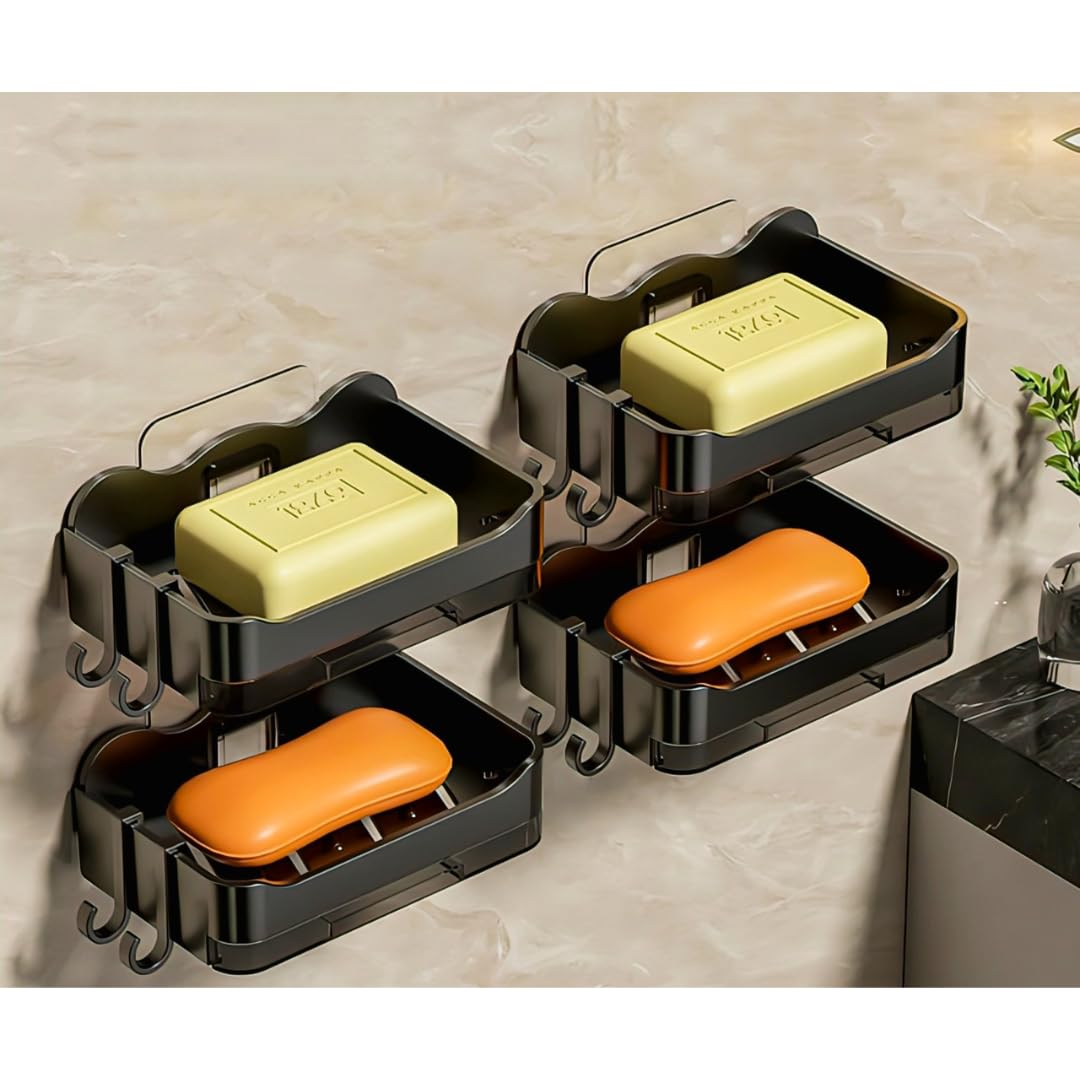 Plastic Self-Adhseive Bathroom Soap Holder with Drainage Tray Wall Mounted Soap Sponge Holder Organizer Accessories (Black, Pack of 4)