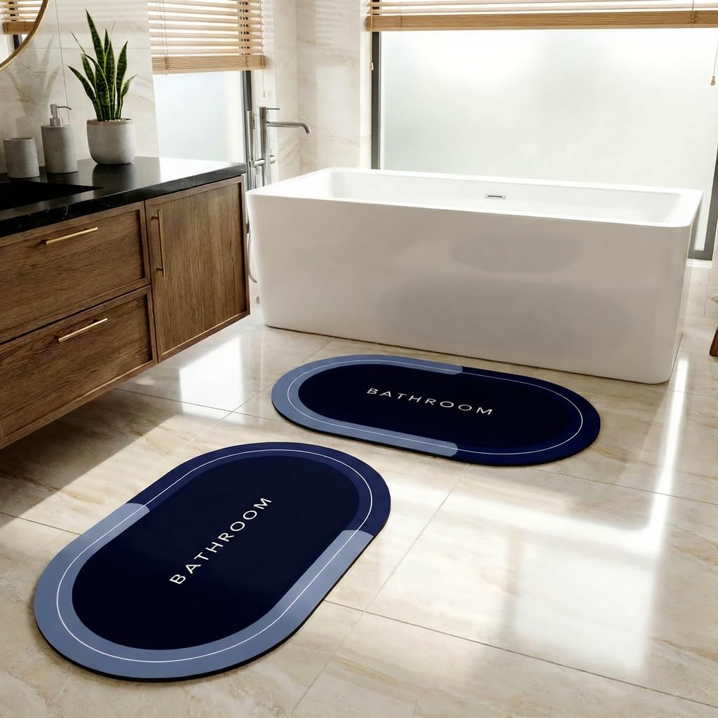 Super Absorbent Door Mats, 40x60cm Soft Silicon Anti Skid Quick Drying & Water Absorbent Home, Kitchen, Bathroom Carpets, Entrance Door Mats (Pack of 2) (Blue Bathroom Mat)