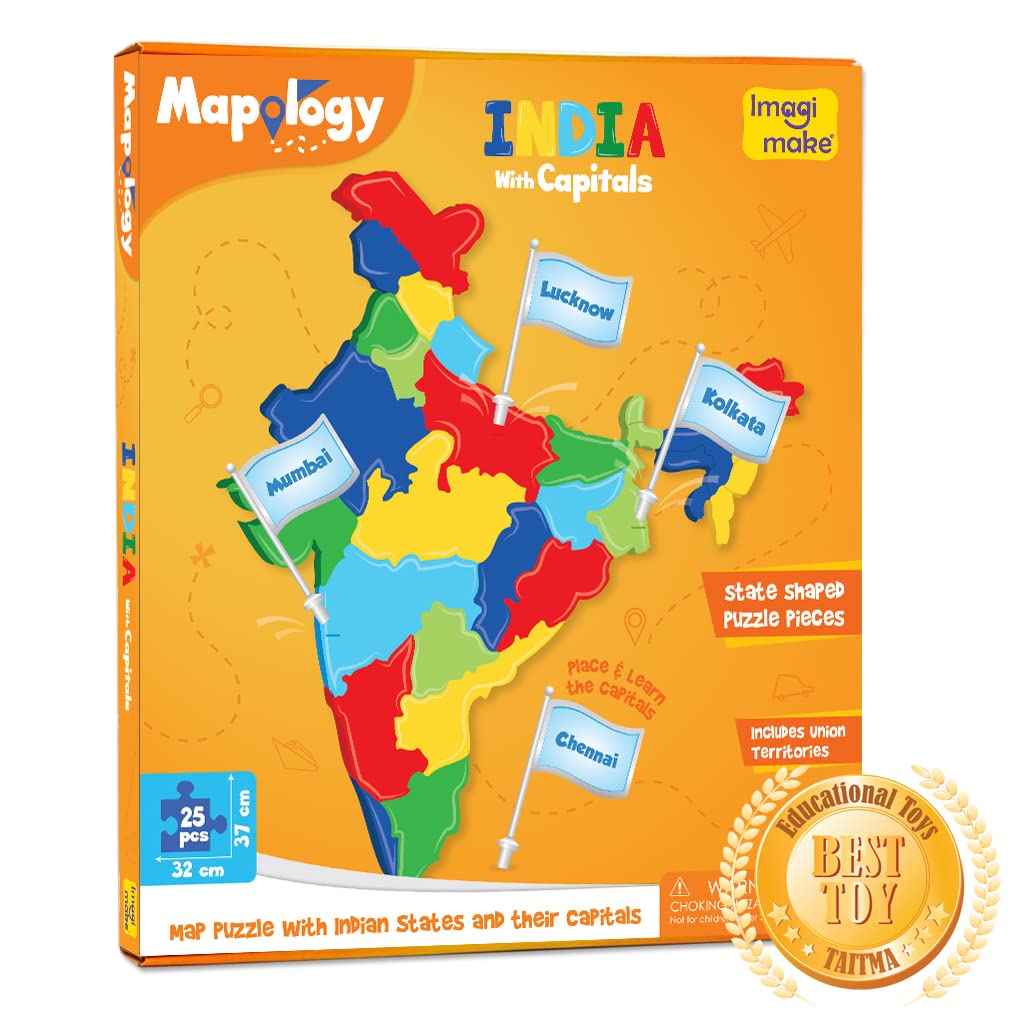 Imagimake Mapology India with State Capitals – Educational Toy and Learning Aid for Boys and Girls – India Map Puzzle – Jigsaw Puzzle, 25 Pieces, Kids
