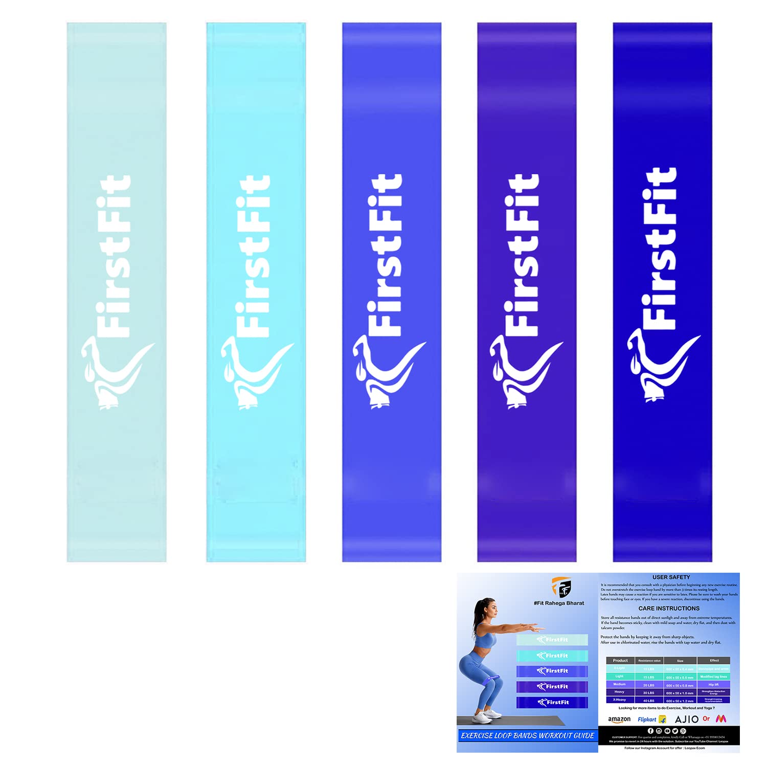 FirstFit Natural Rubber Resistance Loop Bands, Resistance Exercise Bands for Legs Butt, Stretching, Strength Training, Workout Bands Yoga Fitness Bands (12 x 2 inch) (Sky Blue, Purple, Dark Blue)