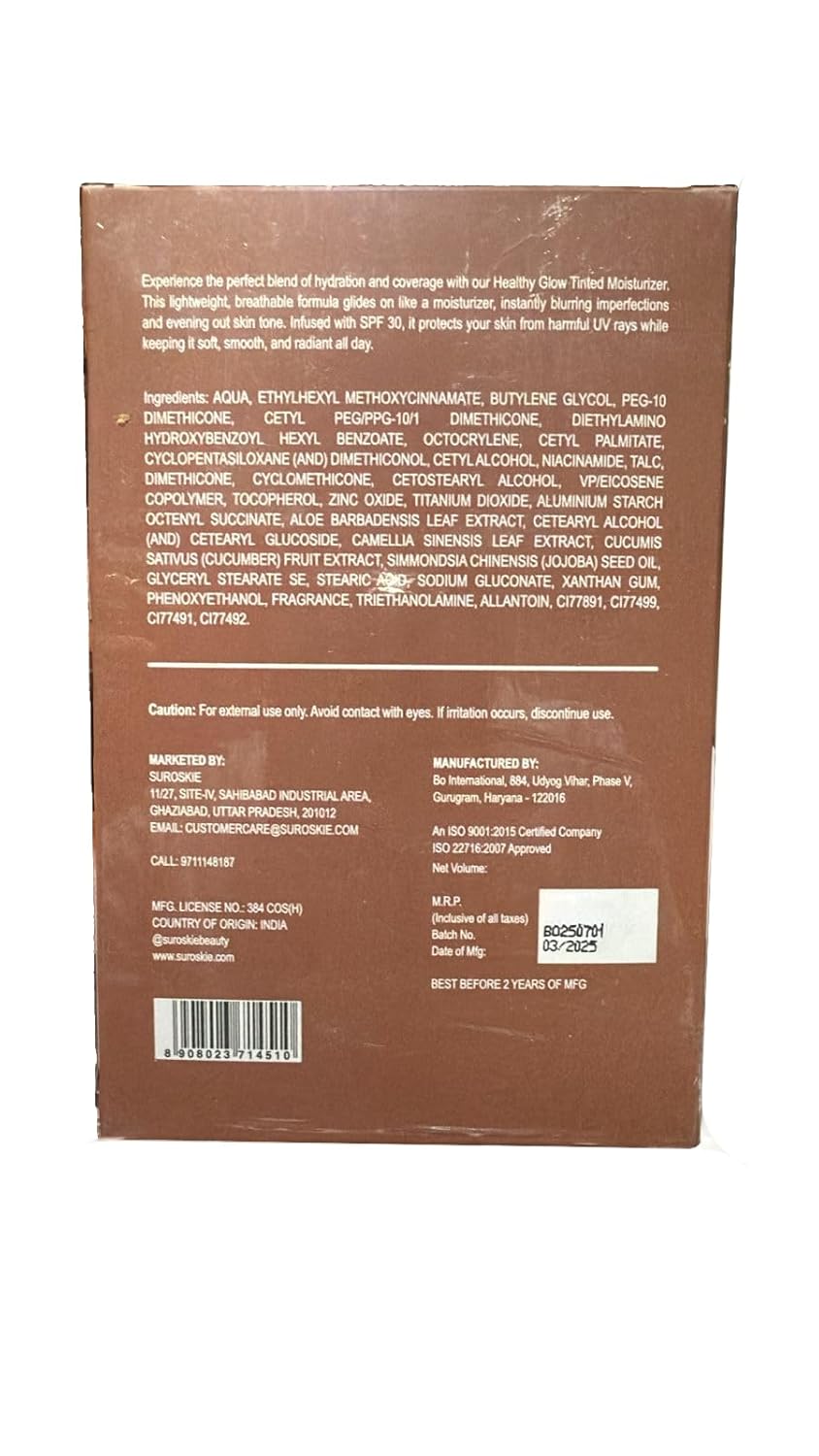 Suroskie My Glow All-In-One Tinted Sunscreen SPF 30 Moisturizer 60 ml Medium Shade | Natural Glowy Finish | Intense Hydration & UVA/UVB Protection | Sweat resistant | Niacinamide Cream For Men & Women