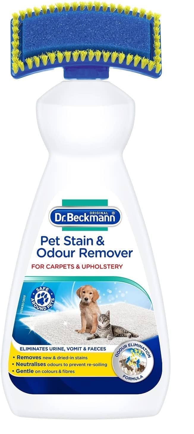 Dr. Beckmann Pet Odour & Stain Remover, 650 ml with 2‑in‑1 Brush – Removes Urine, Vomit & Faeces, Oxi‑Power Formula, Orange Scent – Safe for Carpets, Sofa & Car Upholstery