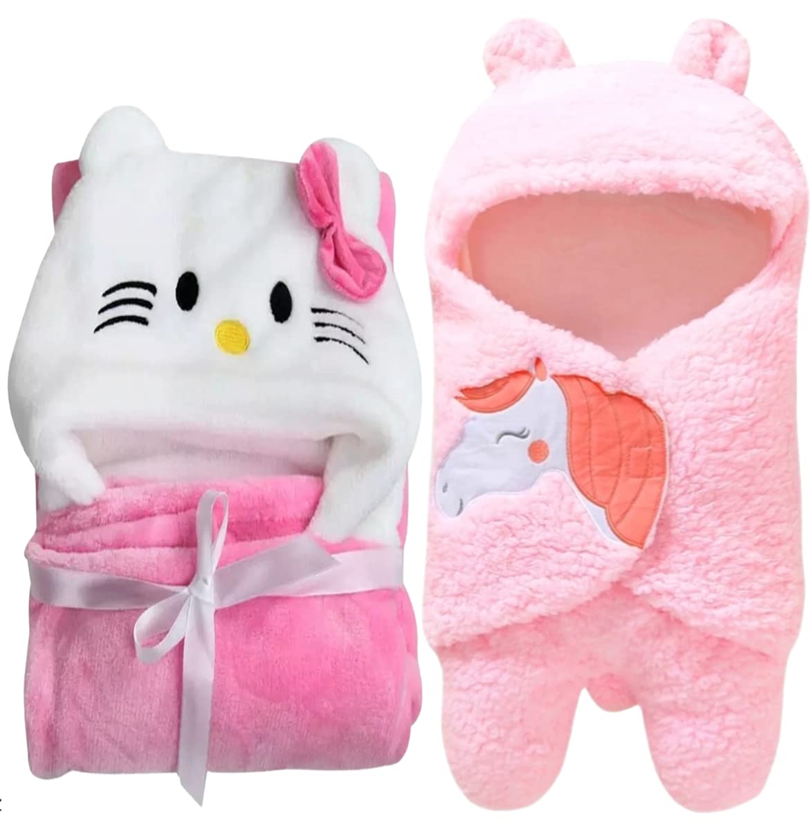 First Kick Baby Blankets Polycotton New Born Combo Pack of Hooded Wrapper Sleeping Bag and Baby Bath Towel for 0-6 Months Baby Boys and Baby Girls Pack of 2, Baby Pink, L 80 cm x B 80 cm