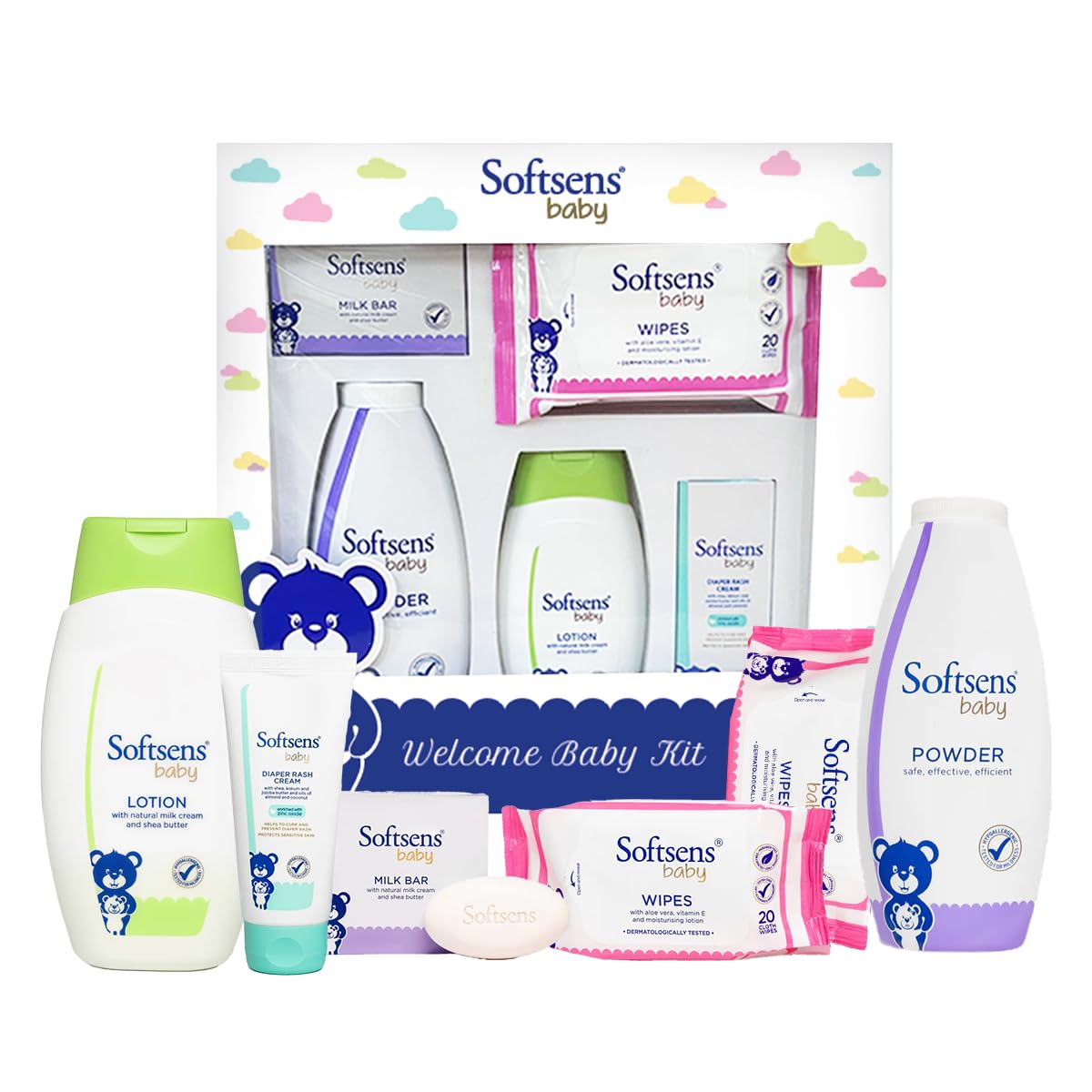 Softsens Welcome Baby Kit | Gift Set for Babies | Combo Pack of 6 Skincare Essentials | Safe for newborns 0m+ | Ideal Gift for Baby Showers |6 in 1 set