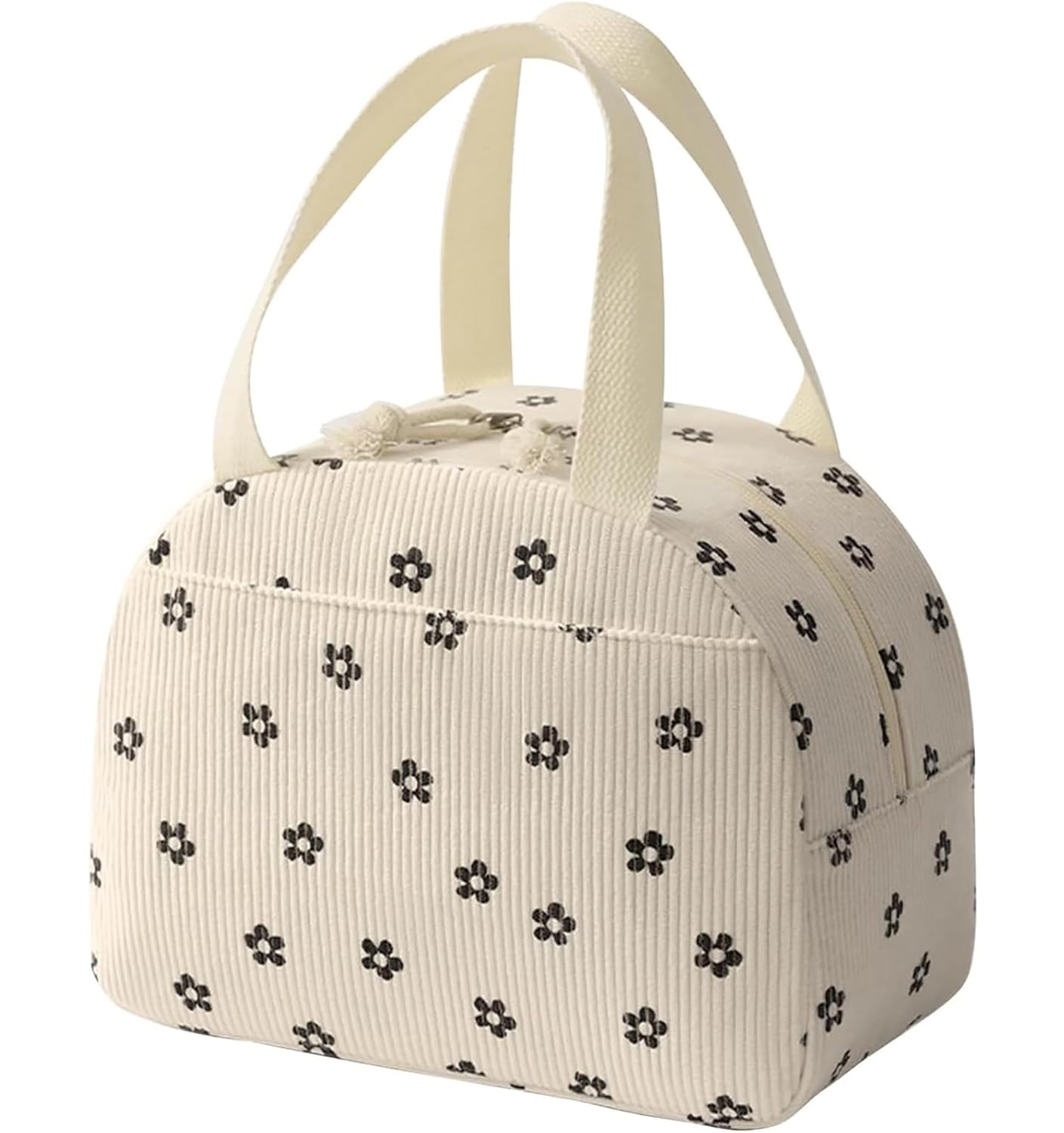 House of Quirk Corduroy Insulated Lunch Bag – Reusable Tote for Office, Picnic & Travel (Beige/Black Flower)