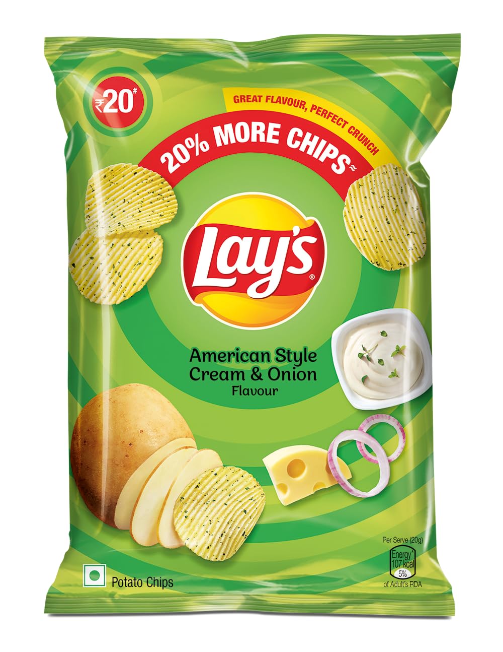 Lay’s Potato Chips (40g + 8g Extra) +4.9g = 52.9 Gram, American Style Cream & Onion Flavour, Crunchy Chips & Snacks (Weight May Vary)