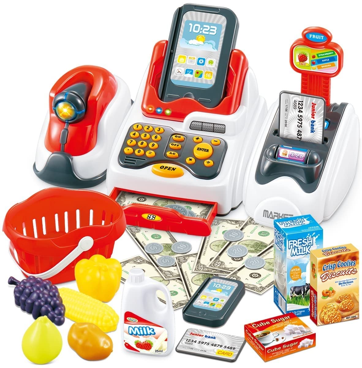 Prime Deals Exclusive Plastic Cash Register with Checkout Scanner, Fruit Card Reader, Credit Card Machine, Play Money and Food Shopping Play Set for Kids, Multicolour