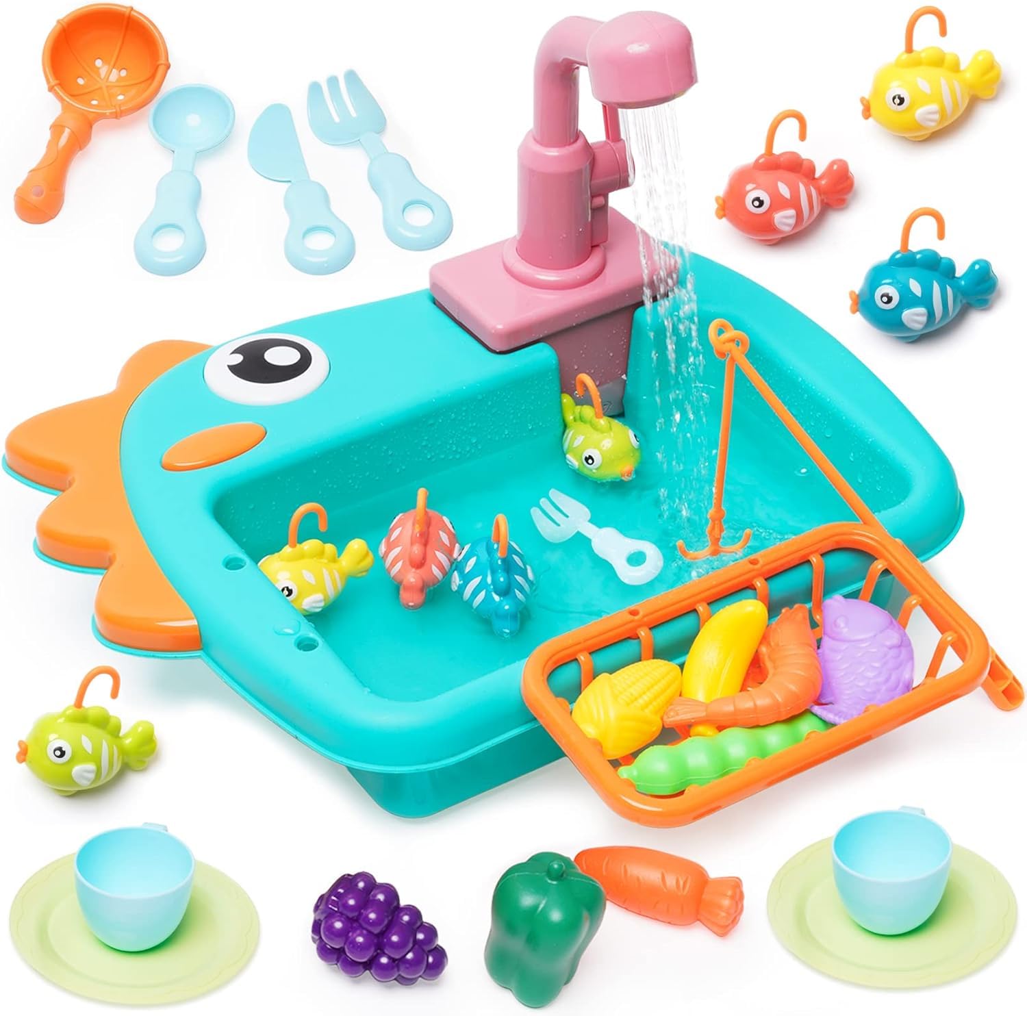 Kitchen Sink Toy with Running Water | 2-in-1 Pretend Play Kitchen Set Accessories for Kids Age 3+ | Electric Water Circulation & Interactive Learning Toy (Random Color) (Dinosaur)