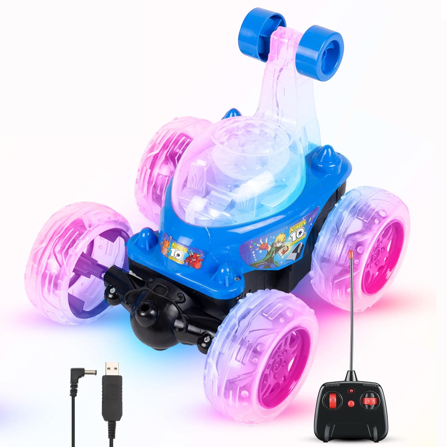 Gooyo 9802 Rechargeable 5 Functions 360° Rotating & Rolling Big Stunt Car Toy with USB Cable & Remote Controller with Demo Feature | Blue Color, Power Source: Lithium Battery in Car (Included)