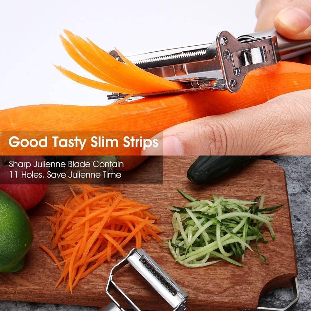 BELOXY 2 in 1 Stainless Steel Vegetable Peeler Multi-Functional Fruit & Veggie Shredder Slicer and Grater for Potatoes, Carrots, Cucumbers (Silver)