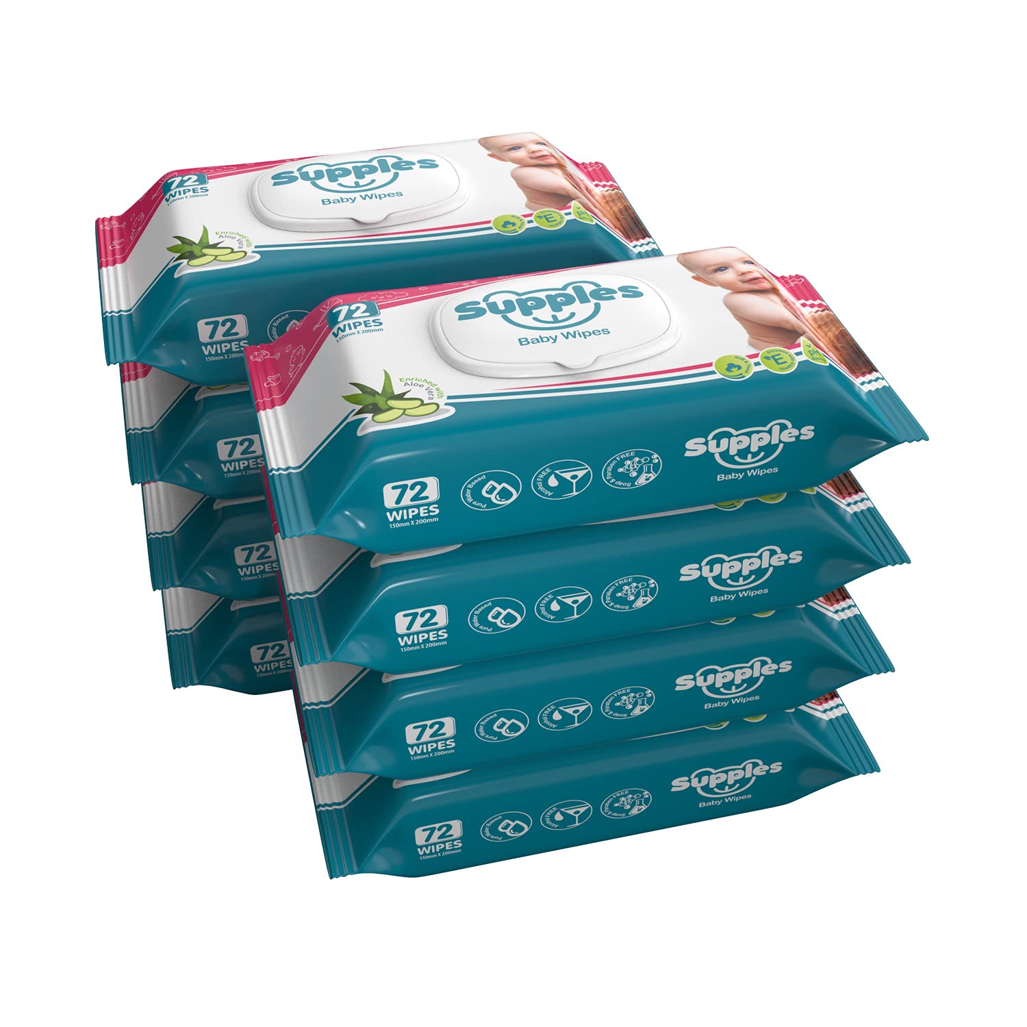 Amazon Brand – Supples Baby Wet Wipes with Lid | 576 Wipes | 72 Wipes x 8 Packs | Enriched With Aloe Vera and Vitamin E | Alcohol-Free and Paraben-Free | Pure Water-Based formulation