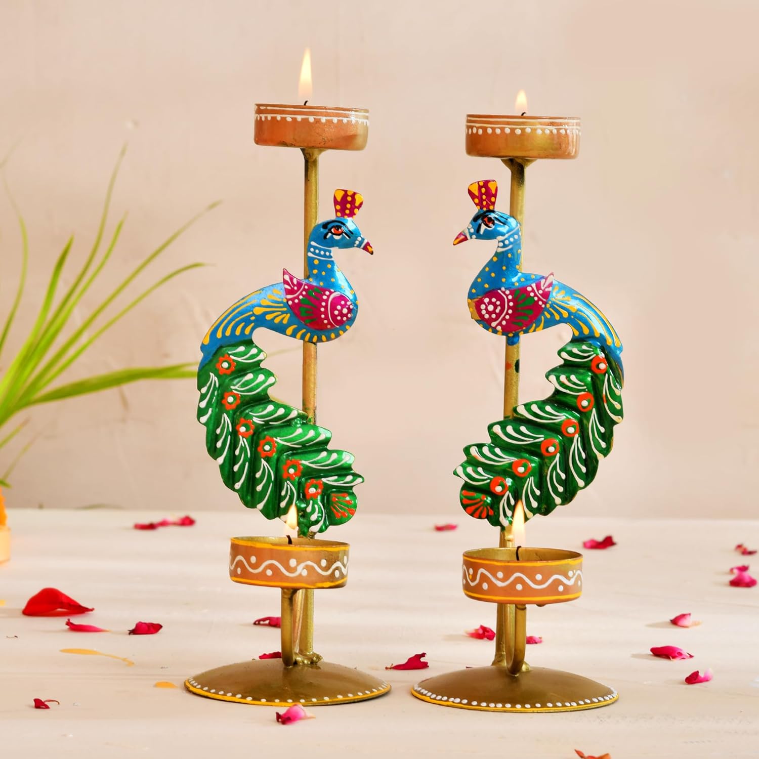 CraftVatika Metal Peacock Candle Holder Set of 2 – Perfect House Decoration Diwali Gifting Items, Handpainted Tealight Candle Holders for Home Christmas Décor (21.5 CM Height)