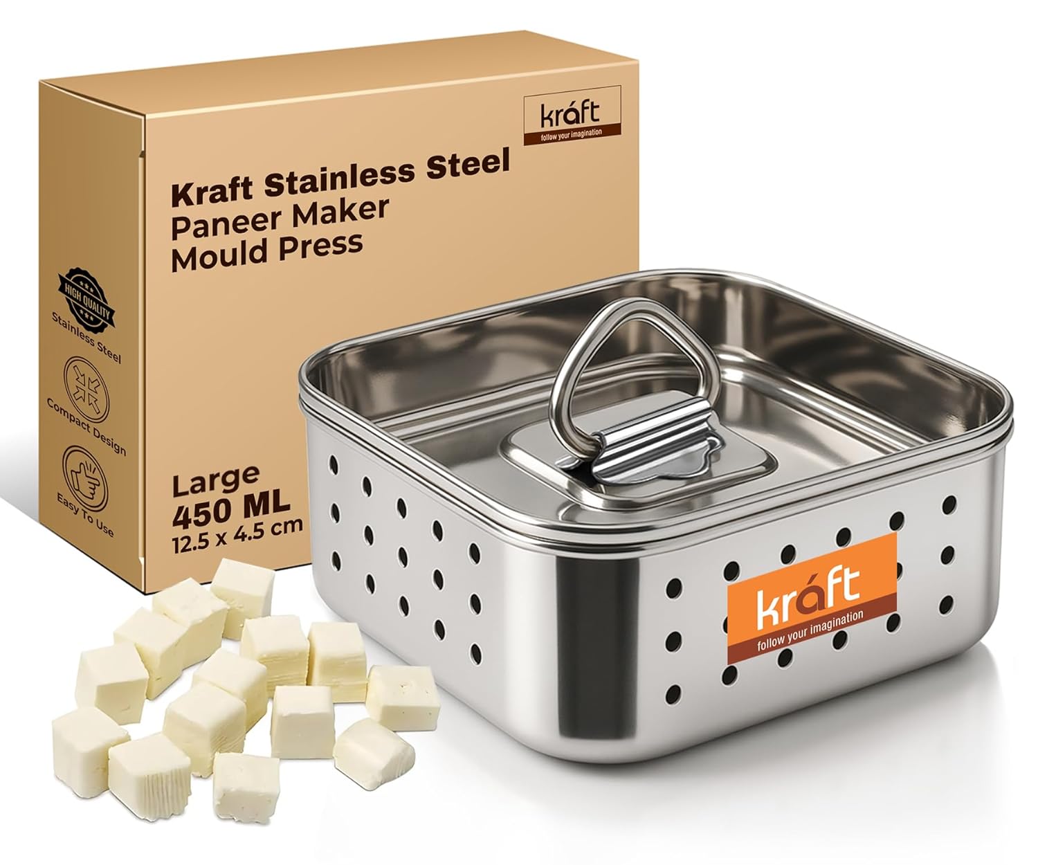 Kraft Stainless Steel Paneer Maker, Perfect Easy to Use Homemade Square Shape Paneer & Tofu Press Mould/Machine, Compact Design, 450 ML, 12.4 x 4.2 Cm, Large