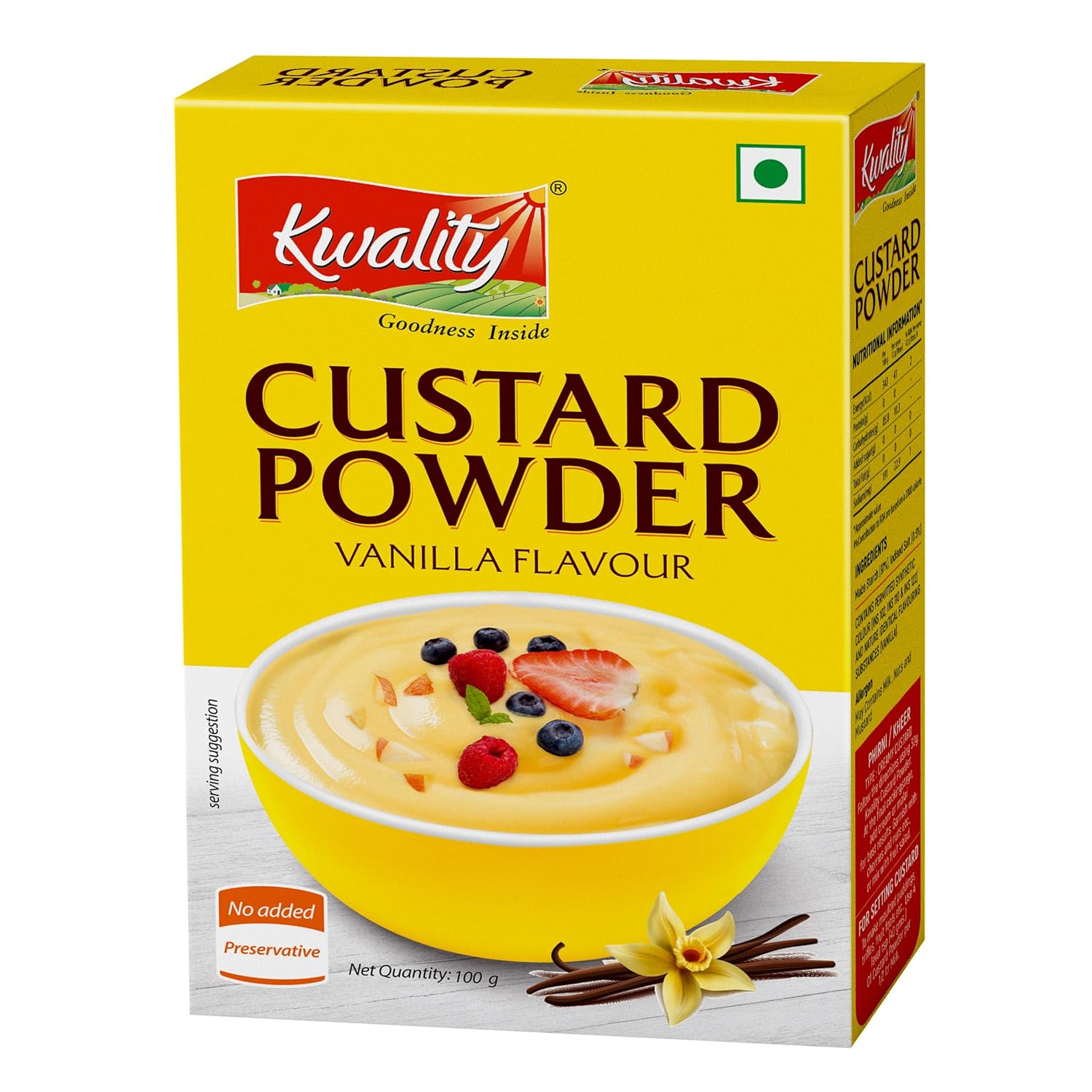 Kwality Custard Powder 100g (Vanilla Flavor), Smooth & Creamy Custard, Quality Ingredients, Best for Fruit Salads.