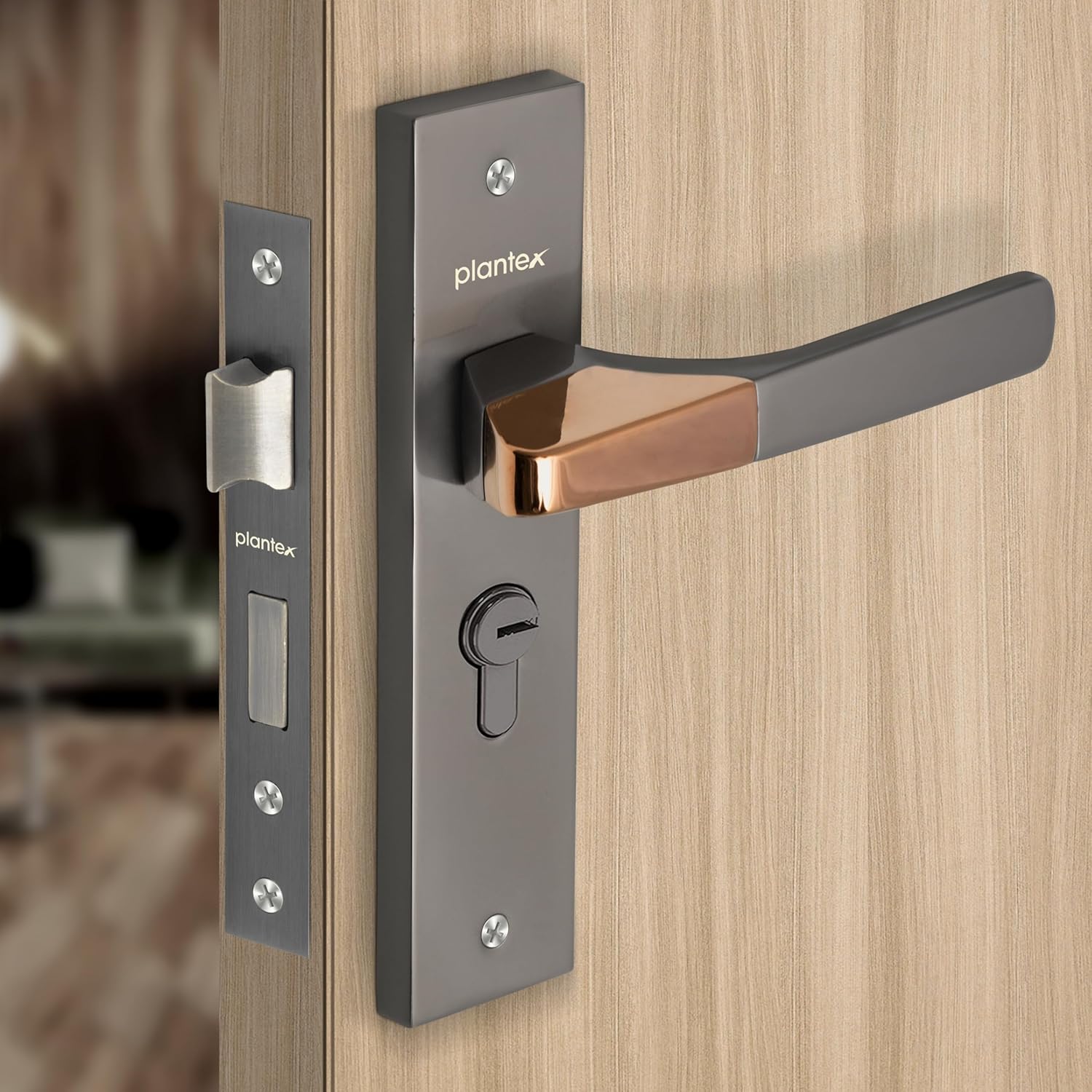 Plantex Heavy-Duty Door Lock Set – Main Door Handle Set/ 6-Lever Lock Mechanism with 3 Years of Warranty by Plantex/Mortise, Brass Lock Body & Cylinder (8114 – Satin Black & PVD Choco)