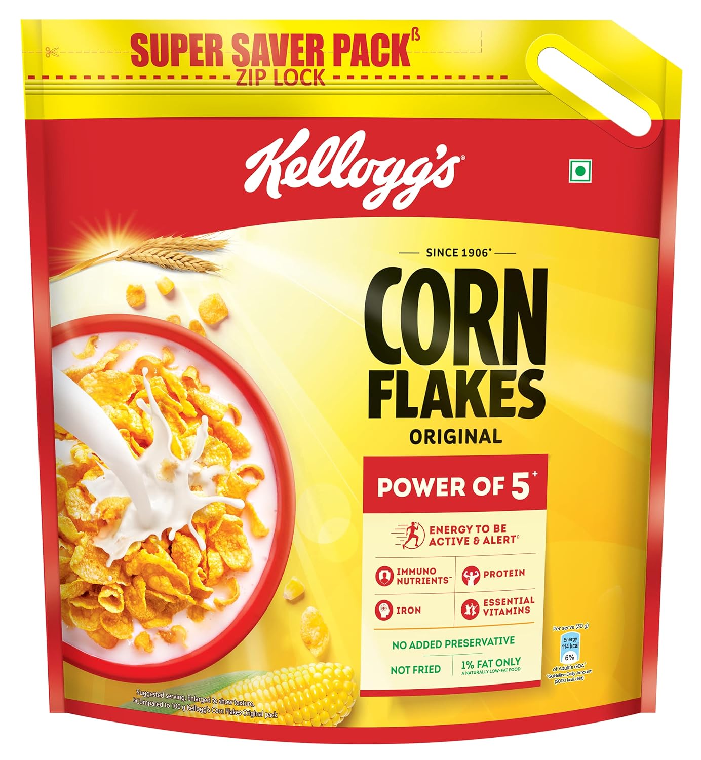 Kellogg’s Corn Flakes Original 1.2kg/1.15kg | Power of 5: Energy, Protein, Iron, IMMUNO NUTRIENTS, Vitamins B1, B2, B3 & C| Corn Flakes, Breakfast Cereal